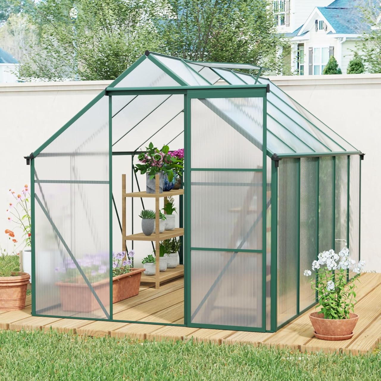 Heavy Duty Walk-in Greenhouse Outdoor Storage Shed with Waterproof Metal Frame, Garden Tool Bike Shed Kit, Lean-to Backyard Storage Building Cabinet for All Season,Green 6 * 10FT