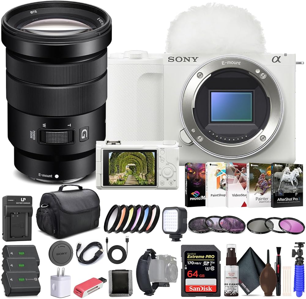 Sony Alpha ZV-E10 II Mirrorless Camera (Body Only, White) (ZVE10M2KW), Sony 18-105mm Lens, 64GB Memory Card, Color Filter Kit, Filter Kit, Photo Software, Bag, 2 x NP-FZ100 Battery, More