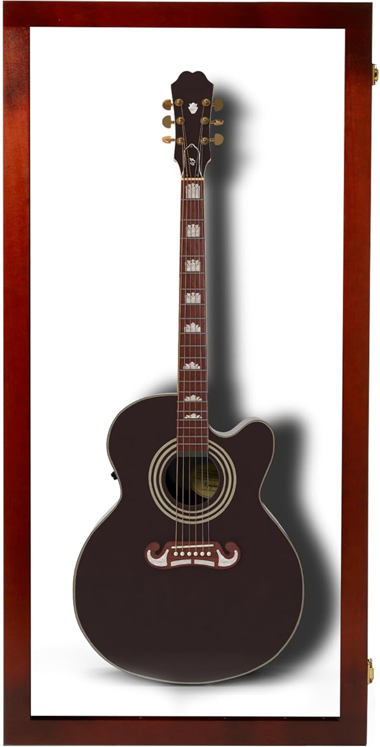 PENNZONI Extra Large Acoustic Guitar Display Case - Wall Mount Display Case for Acoustic/Electric Guitars - Ultra Clear Acoustic Guitar Solid Wood Frame Display Case | Cherry, White Felt