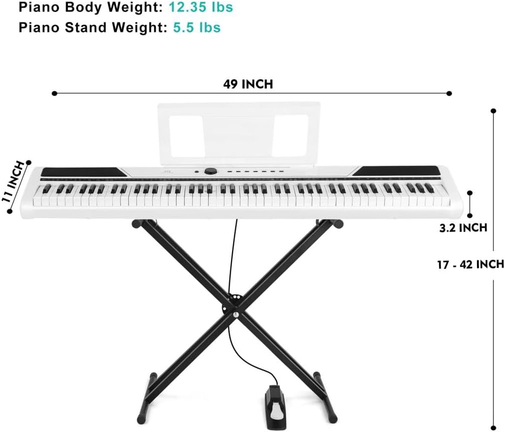 MUSTAR 88 Key Piano Keyboard, Full Size Digital Piano 88 Weighted Keys with Stand, Electric Piano Keyboard 88 Keys Semi Weighted with 2x25W Speakers, USB/MIDI, Case, Sustain Pedal, White