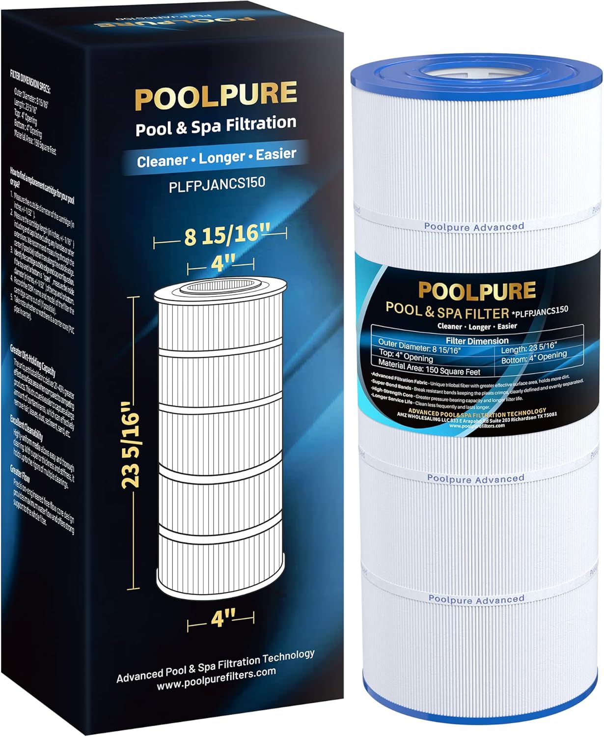POOLPURE PLFPJANCS150 Pool Filter Replaces Jandy CS150, CCX1500RE, CC1500RE, X-Stream 150, R0462300, PJANCS150, Ultral-B3, Unicel C-8414, C-8317, Filbur FC-0822, FC-1287, Hayward C1502 1 Pack