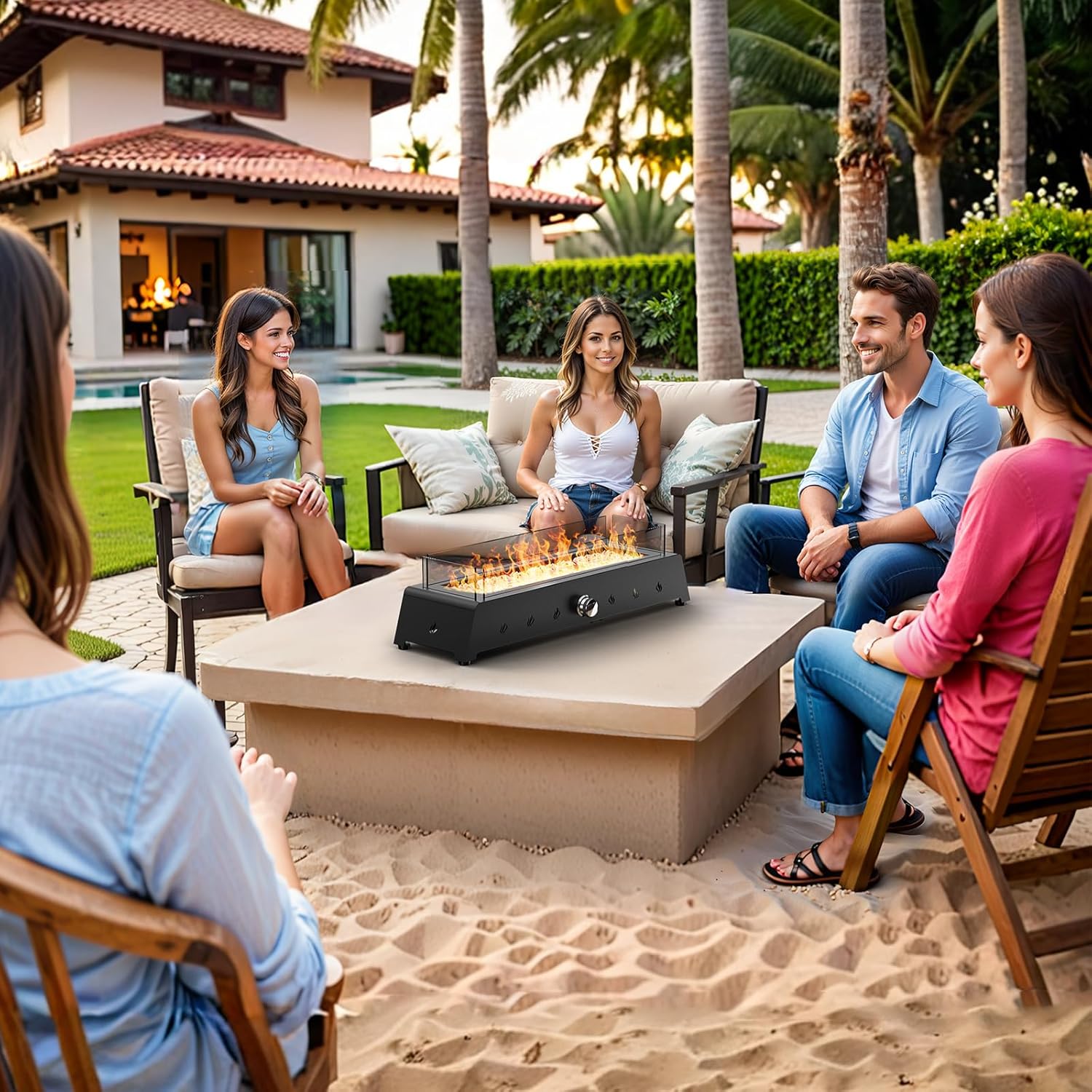 28'' Tabletop Fire Pit Table, 40,000 BTU Propane Fire Pit with Bottom Air Intake and Umbrella Hole, Outdoor Portable Fireplace Rectangular Fire Bowl w/Wind Glass Shield, Laval Rocks - Black