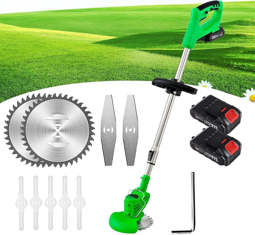 Battery Lawn Mower, Weed Mower, Portable Lawn Mower with 2 Batteries and 1 Charger, Wire Lawn Mower and Weed Eater for Garden and Garden Pruning