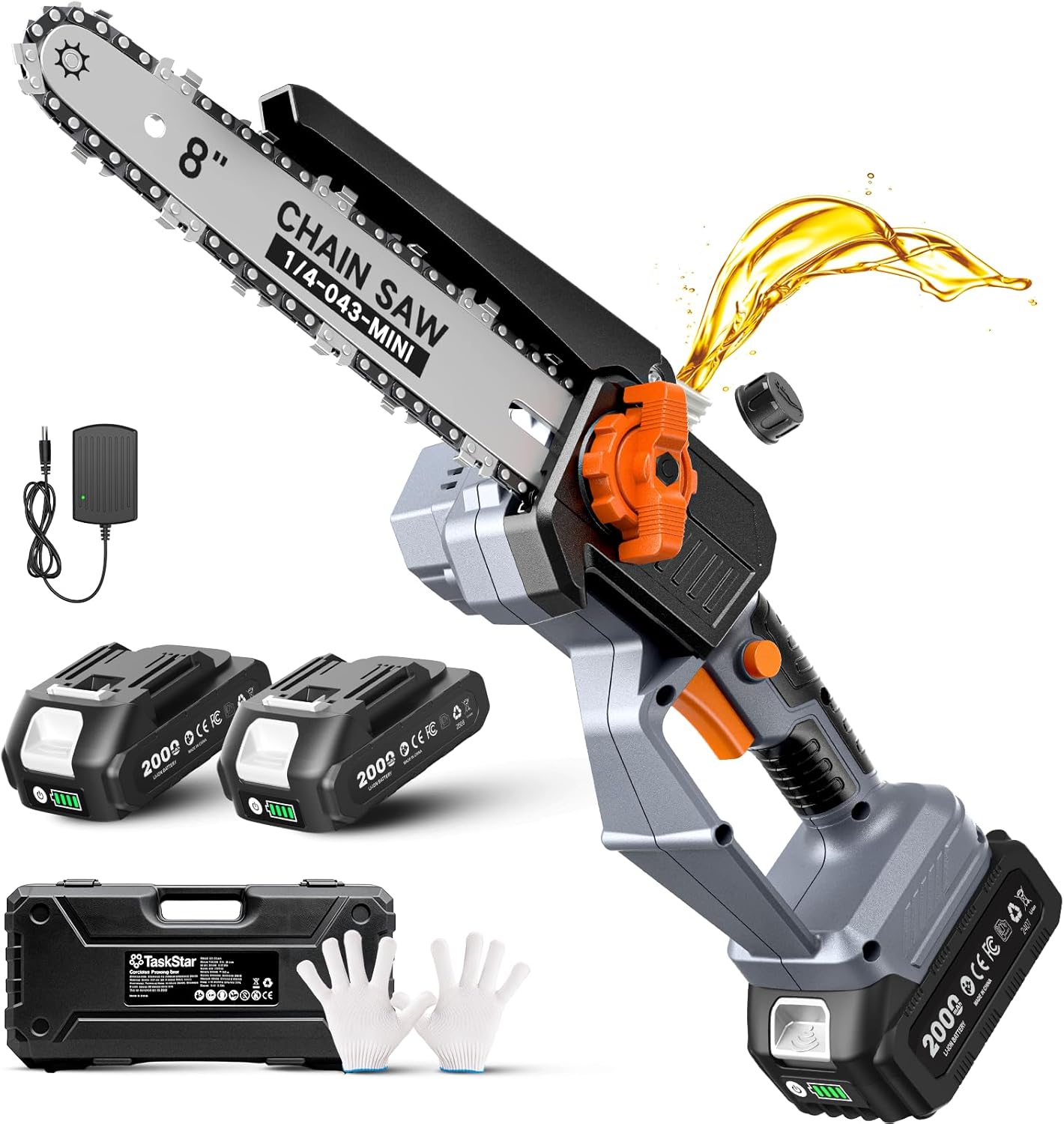 8-Inch Mini Chainsaw Cordless, Brushless Electric Chainsaw with 2×2000mAh Batteries, Auto Oiling, Portable Power Saw for Tree Trimming, Wood Cutting, Gifts for Men Husband Father