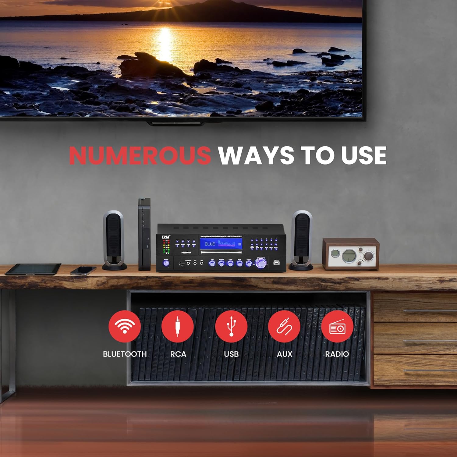 Pyle 4-Channel 1000W Power Amplifier with Bluetooth - Wireless Stereo Home Audio Receiver w/ Front Loading CD DVD Player, FM Radio, USB-A, Headphone, 2 Microphone w/ Echo, LED, Rack Mount - PD1000BA