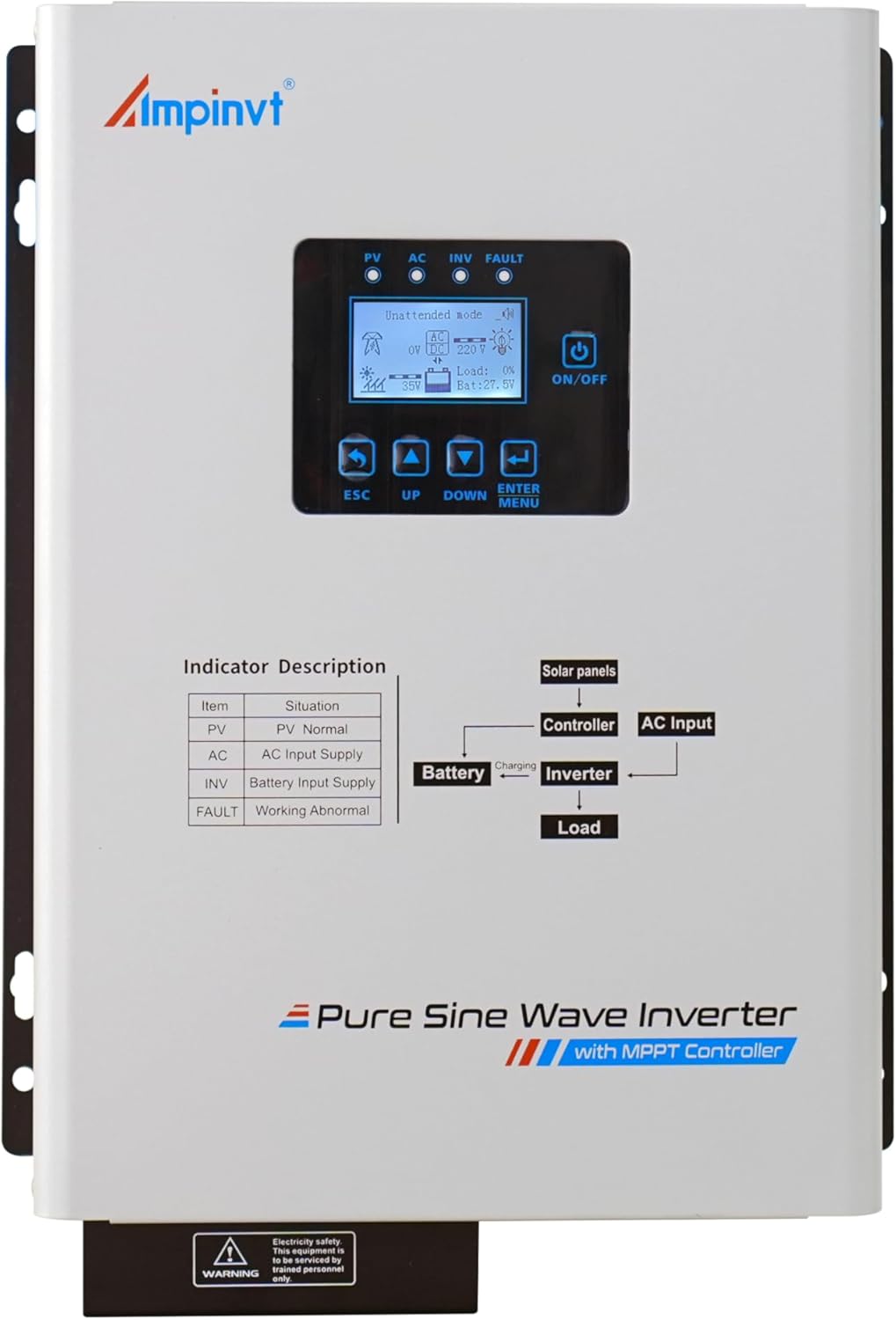 Ampinvt 1200W Pure sine Wave Solar Inverter 12V DC to 120V AC for Home Backup,Off-Grid Living,Built-in 40A MPPT Solar Controller,Solar & AC Input Charger,Compatible with Lifepo4 Battery