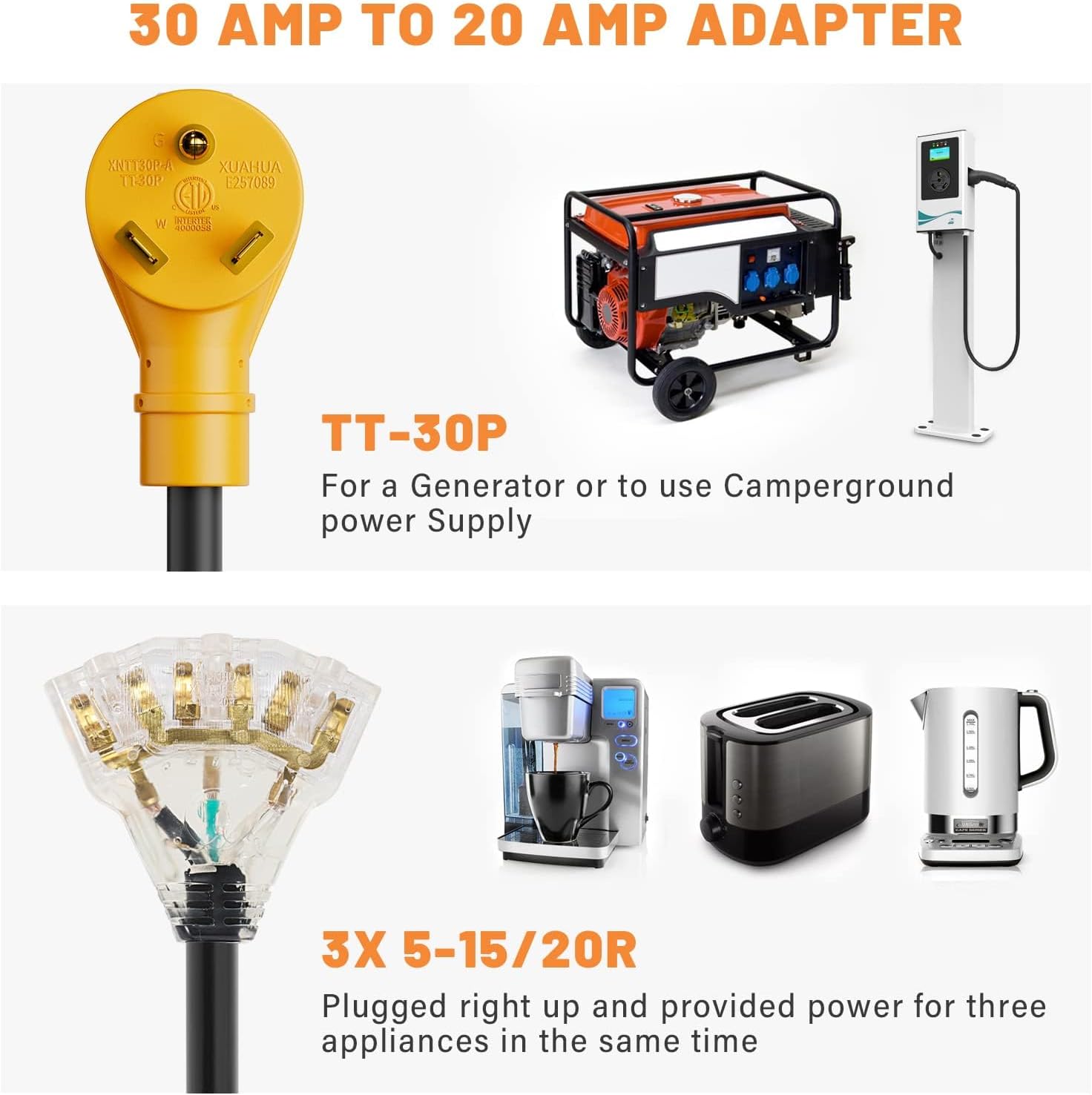 30 Amp to 20 Amp 110V RV Distribution Adapter NEMA TT-30P Male to 3X 5-15R/5-20R, Shore Power NEMA L5-30P to 3X 5-15R/5-20R RV Generator Adapter Marine 30 Amp to 110 15 Amp Household Regular Connector