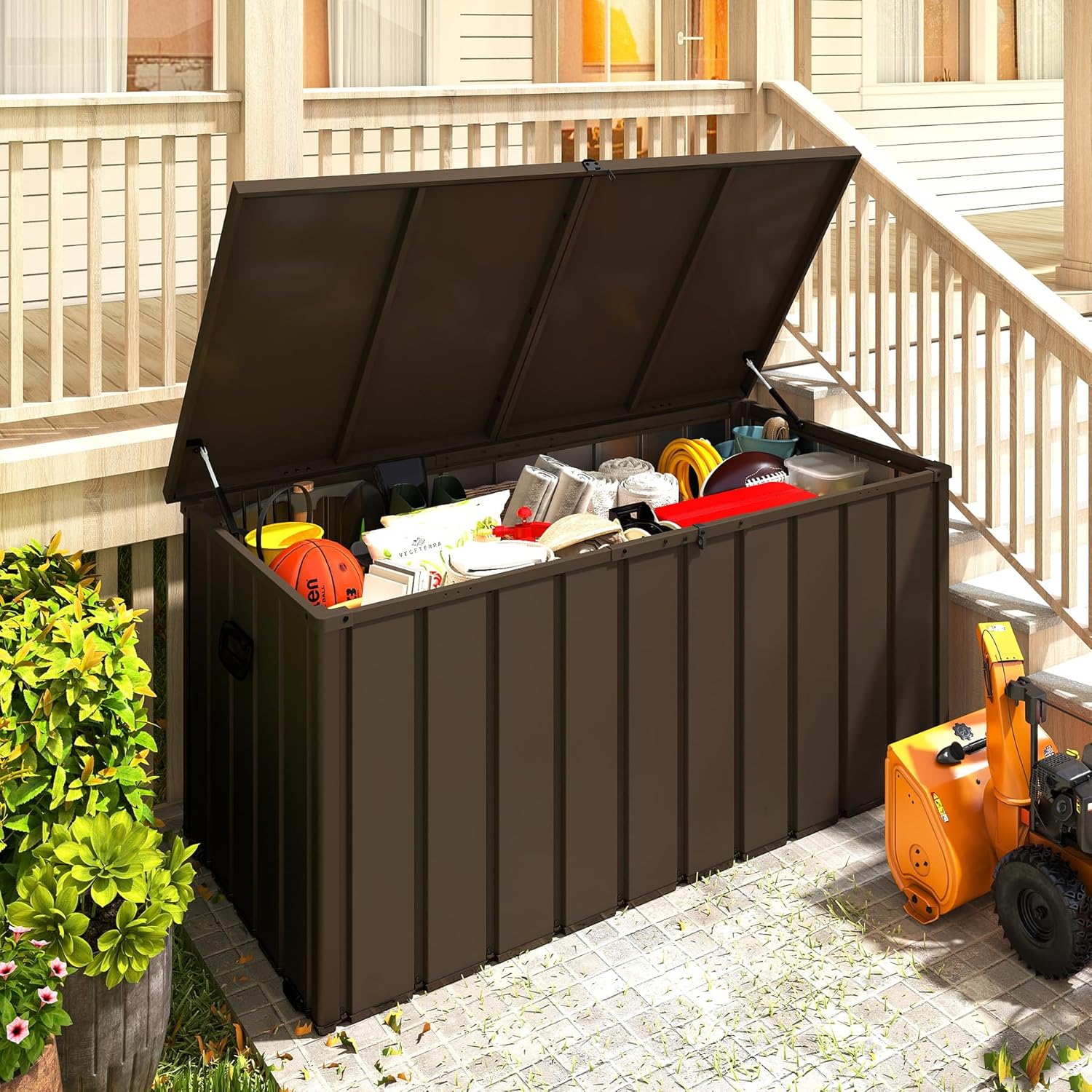 Domi 200 Gallon Metal Deck Box, Waterproof Outdoor Storage Box with Lockable Lid, Large Pool Storage Cabinet for Patio Furniture Garden Tools Pool-Supplies, Brown