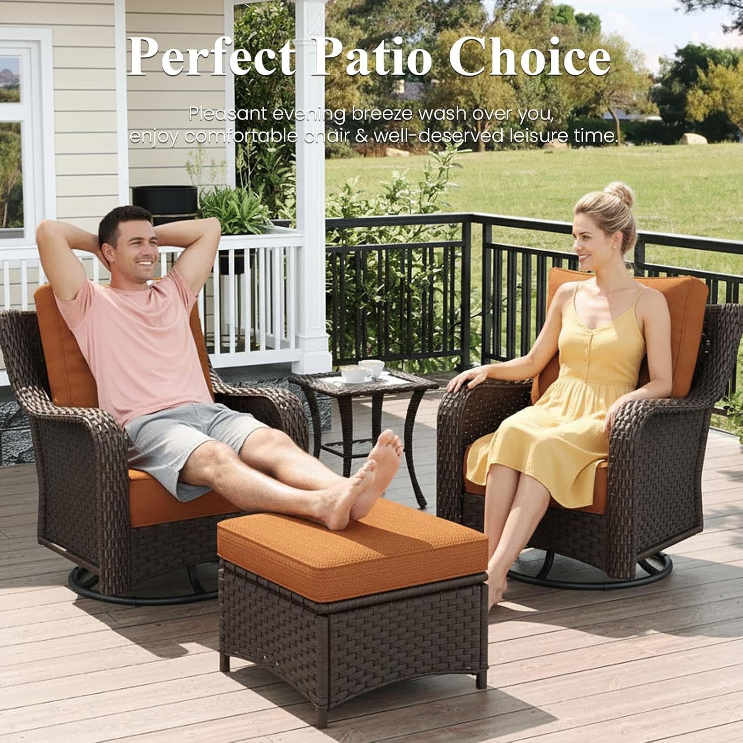 LayinSun 8 Piece Wicker Outdoor Furniture Set with 6-inch Comfy Cushions, High Back Patio Furniture Set with Swivel Rocking Chairs and Fire Pit Table