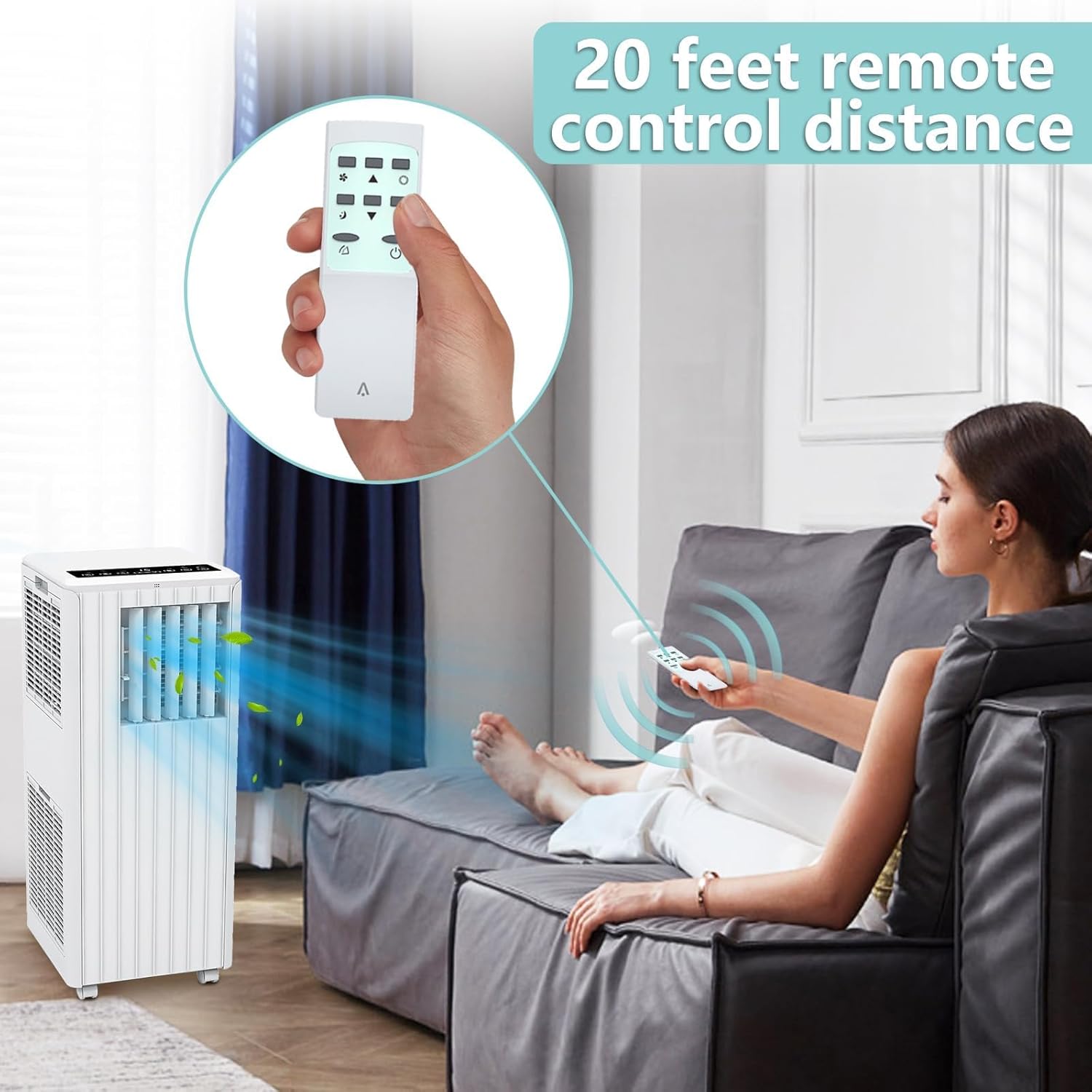 8,000 BTU Portable Air Conditioner, Smart Control, Cools up to 350 Sq. Ft., with Dehumidifier & Fan mode, Easy- to-use Remote Control & Window Installation Kit Included