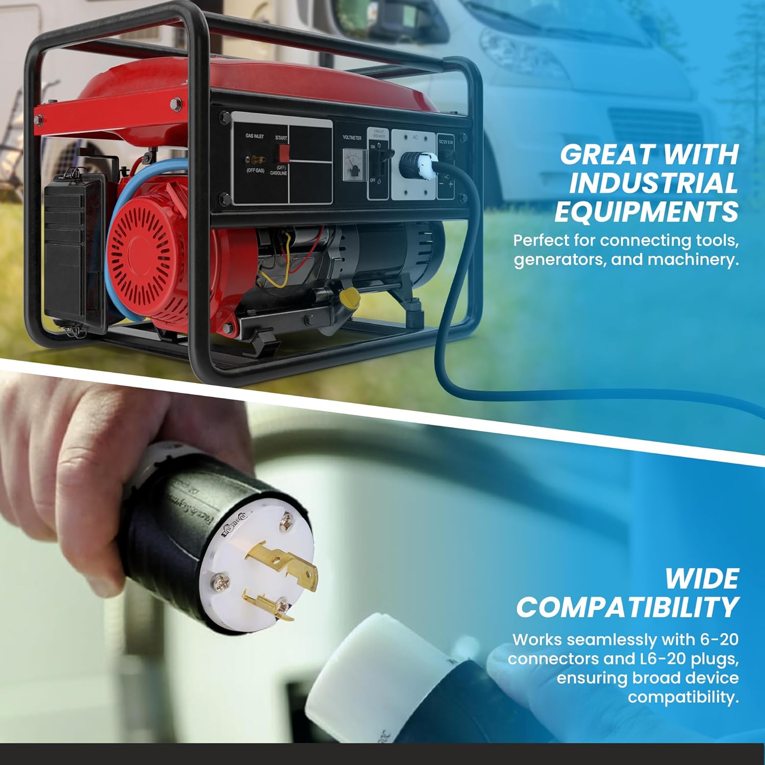 IronBox Electric 6-20P to L6-20R Plug Adapter Power Cord - 20A, 250V, 12/3 SJOOW- UL Listed Power Cord Extension Cable - Heavy Duty Plug and Connector for Generator, Data Centers & More (40ft, Build)