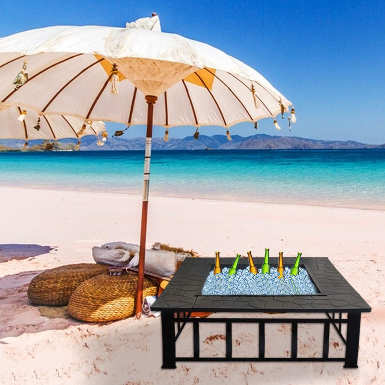 N/M Square Fire Pit Charcoal Grill for Outdoor Patio Wood Burning 32 inches