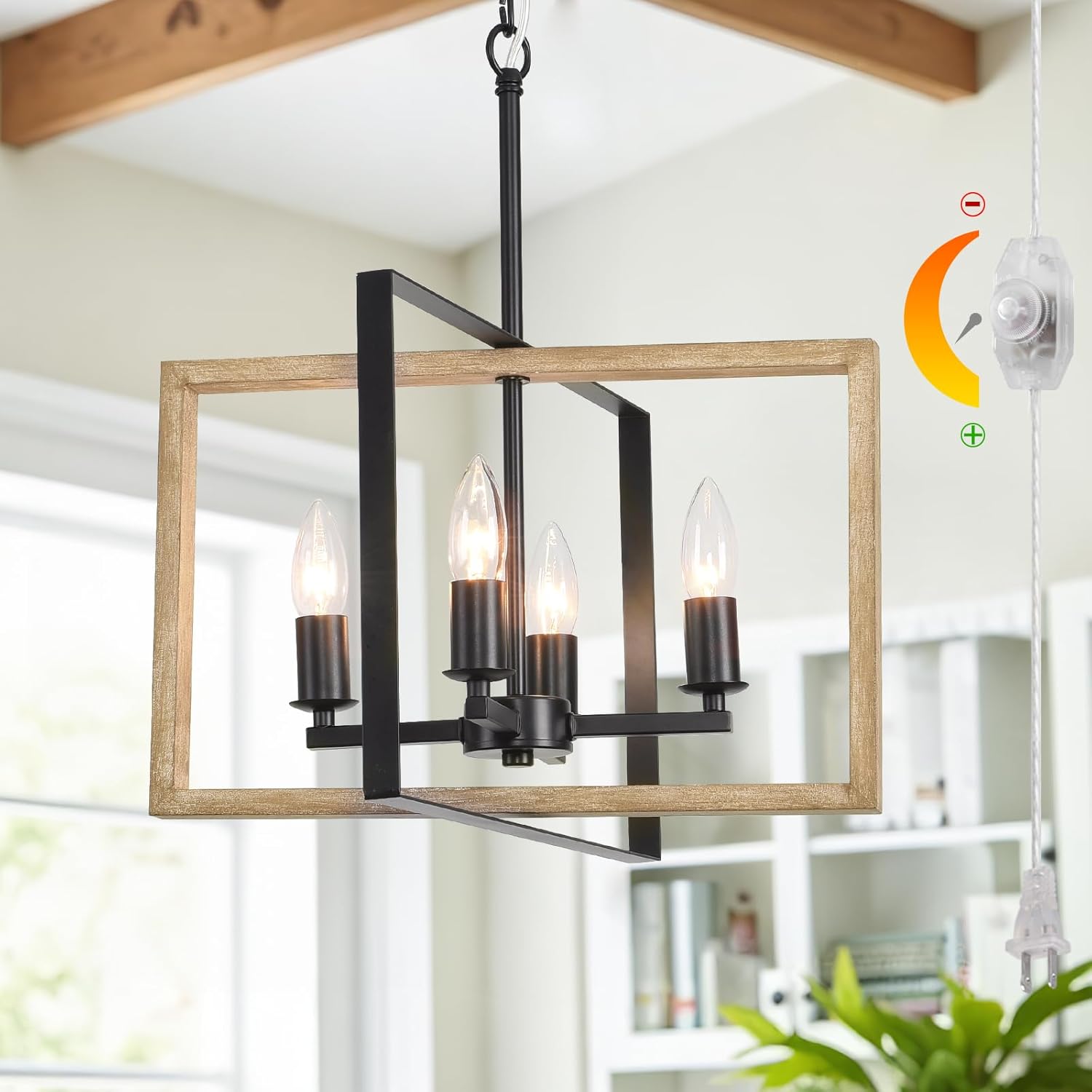 DIMMABLE Plug in Chandelier 4-Light with 19.68ft Long Cord, Wood Hanging Lights Dimmer Switch, Plug in Pendant Light Fixture Farmhouse Rustic Chandelier for Bedroom Living Dining Room Kitchen Gazebo