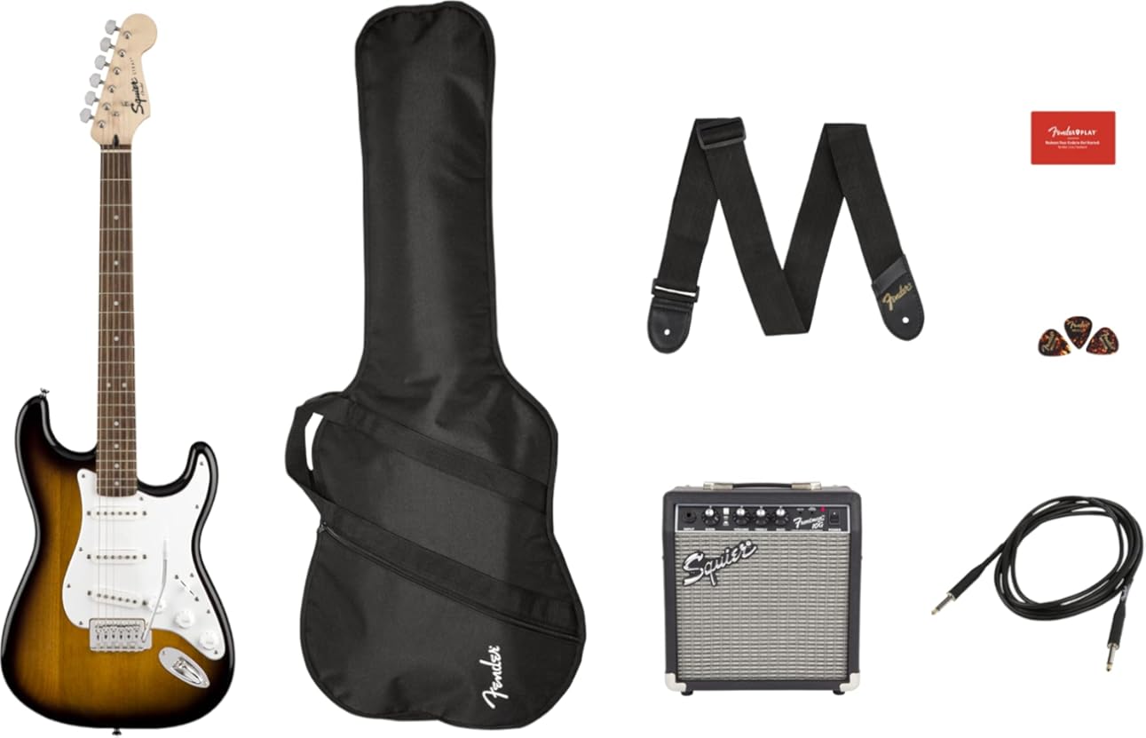Fender Squier Stratocaster Electric Guitar Pack, Brown Sunburst, with Gig Bag, Frontman 10G, and accessories