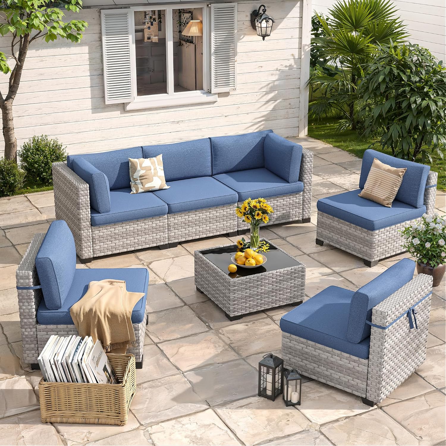 6-Seat Modular Patio Furniture Set – Outdoor Wicker Sectional Sofa with Thick 4″ Cushions, Dual-Strand PE Rattan, Rust-Resistant 18 mm Steel Frame, Backyard Garden Deck Lounge,Navy