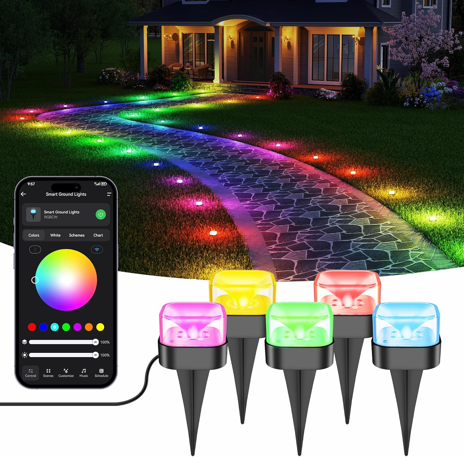 Brizled Smart Outdoor Ground Lights, 50FT 130LM RGBCW Color Changing LED Pathway Lights, App Control Landscape Lighting Works with Alexa & Google Assistant for Halloween Christmas Garden Yard Walkway