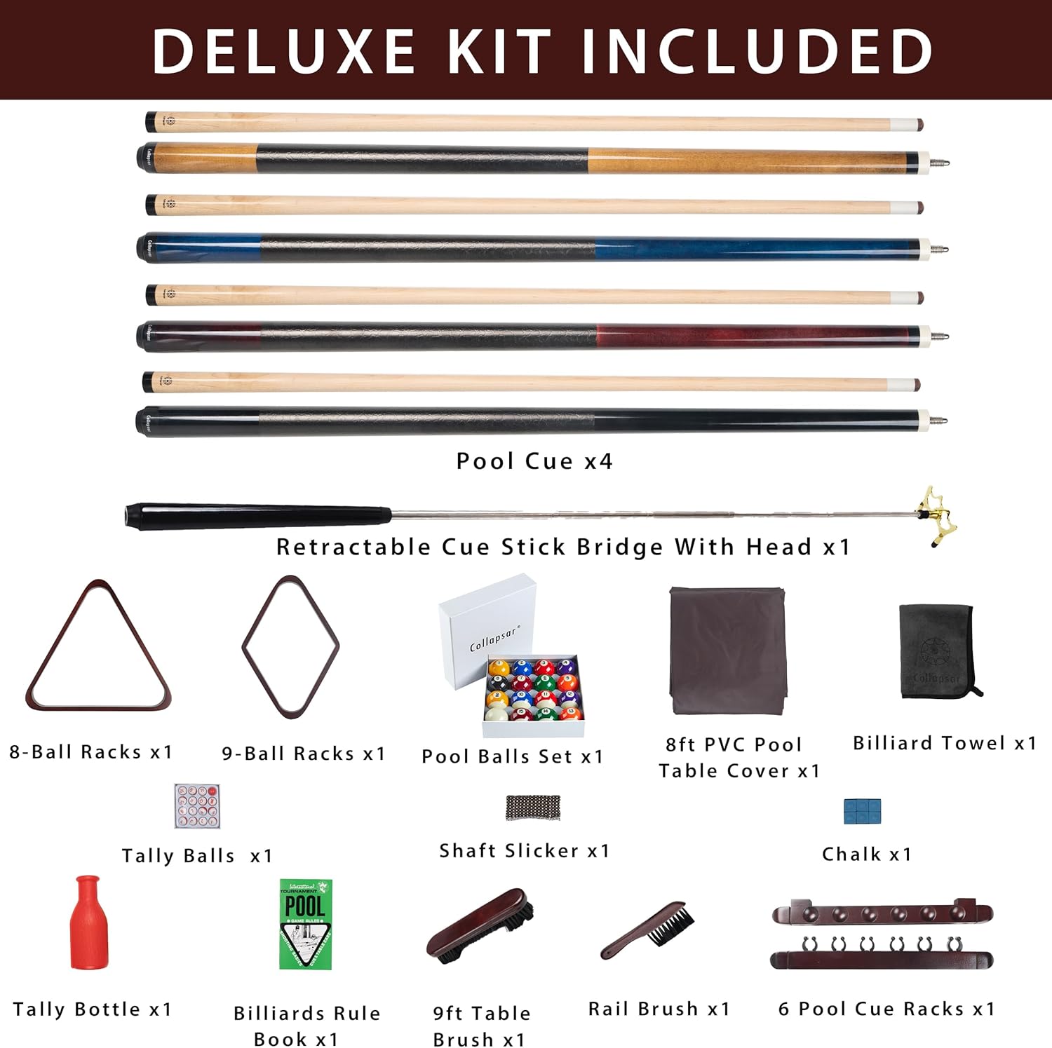 Collapsar Pool Table Accessories Kit, Premium Pool Stick & Retractable Cue Bridge, Billiard Balls Set &Table Covers, Ball & Cue Racks and Other Billiard Accessory