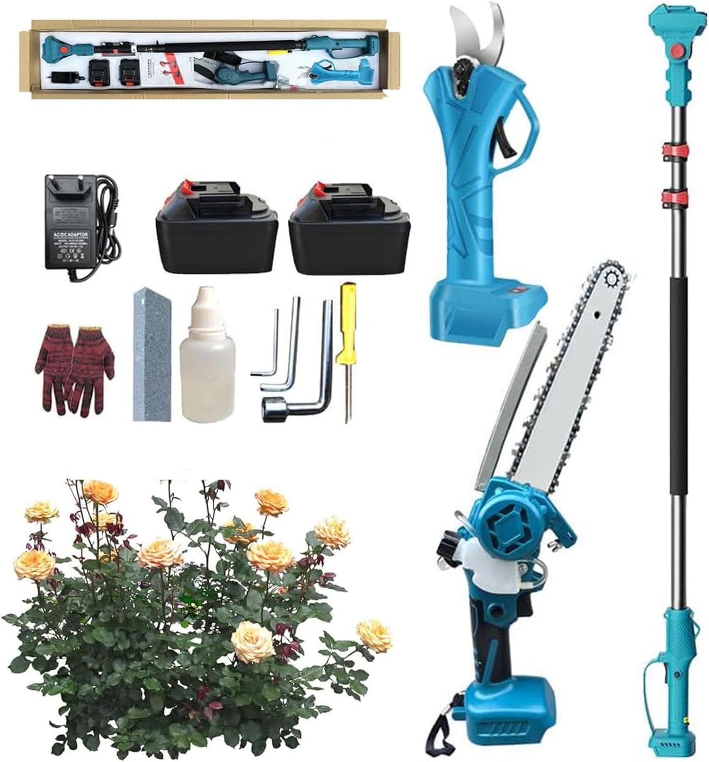 4-in-1 Pole Saw & Pruning Shears Combo Kit,8 Inch Mini Chainsaw,Cordless Secateurs with Extension Pole,2 13000mah Batteries,Tree Trimmer Limb Branch Cutter Pruner