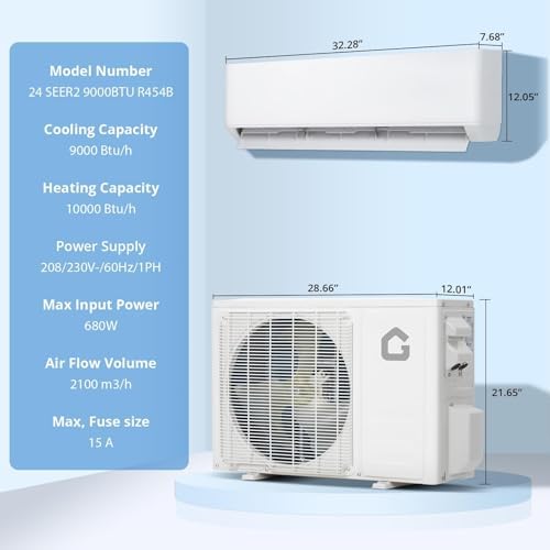 9000 BTU Mini Split Air Conditioner and Heat Pump, 24 SEER2, WiFi-Enabled Ductless Inverter AC Unit with Heat, 208v-230v, Pre-Charged, Quiet Operation, Includes Copper Line Set, Cools/Heats Rooms Up t