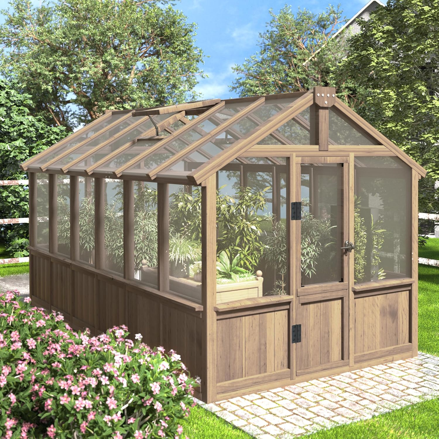 6x12 FT Greenhouse Kit, Wood Greenhouses with 6MM Thick Polycarbonate Panel for Outdoor, Walk-in Green House with Lockable Door & Adjustable Roof Vent, Backyard, Garden, Light Mocha Brown