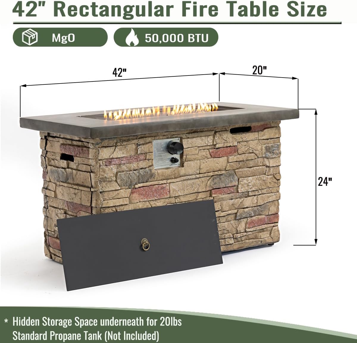 42-inch Rectangular Propane Fire Pit Table, 50000 BTU, Stone-Look Base with Metal Top, Hidden Tank Storage