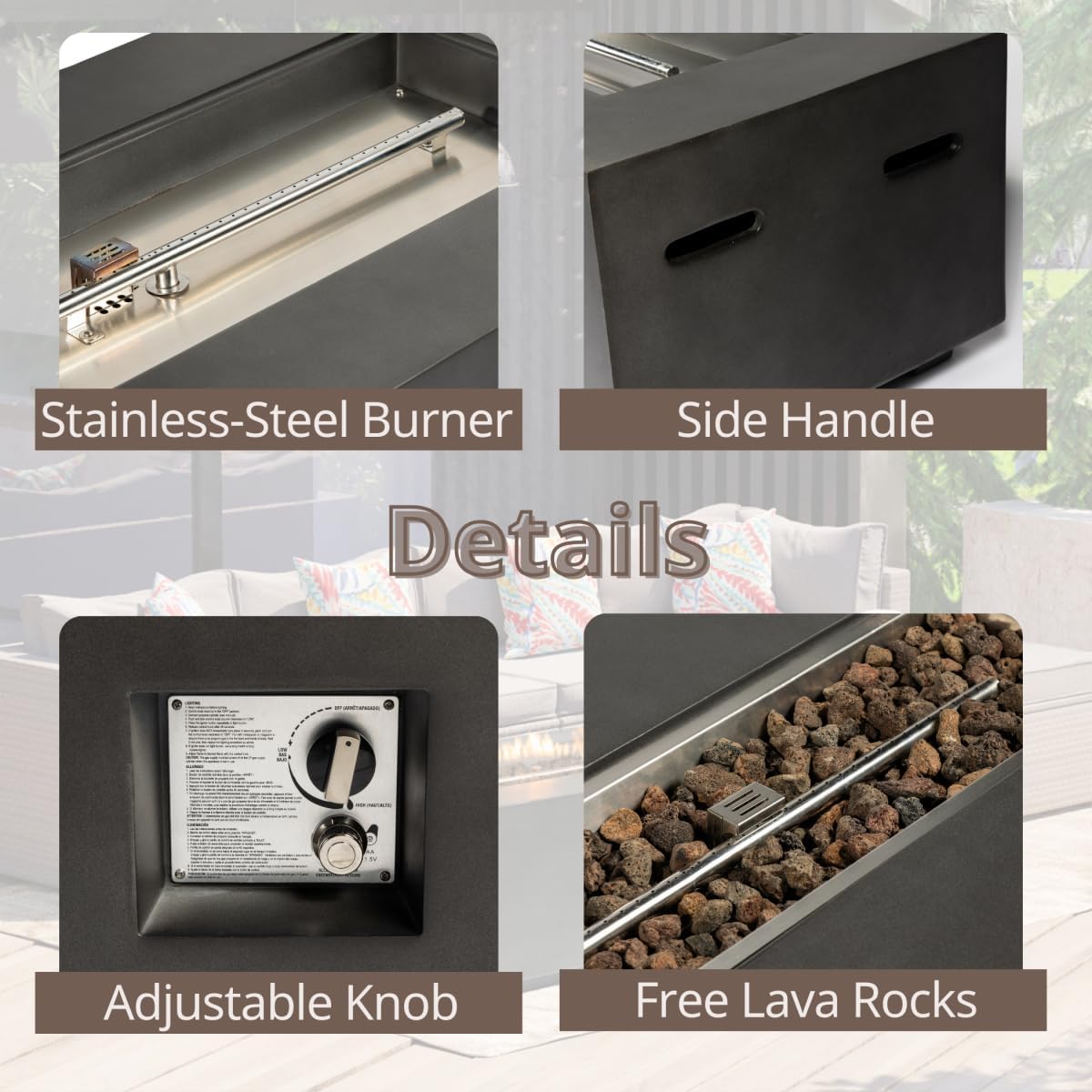 60-inch Rectangular Propane Fire Pit Table, 60,000 BTU Dark Gray Concrete Fire Table with Auto-Ignition, Waterproof Cover & Lava Rocks, Outdoor Patio Heater for Garden, Deck