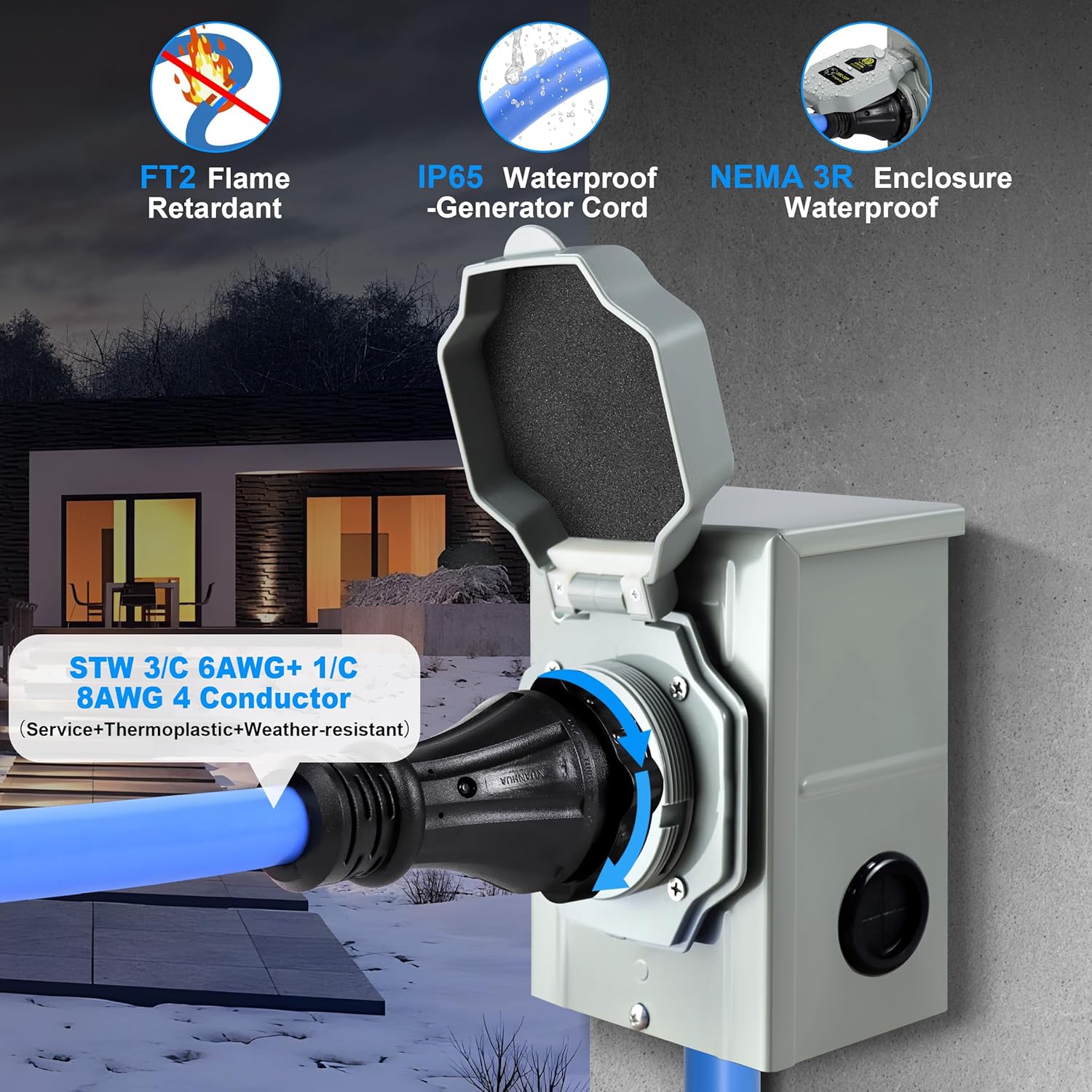 50 Amp Generator Cord and Pre-Drilled Power Inlet Box, Generator Cords 25FT, 50 Amp 125V/250V Generator Power Cord, NEMA 14-50P / SS2-50R Twist Lock Connector