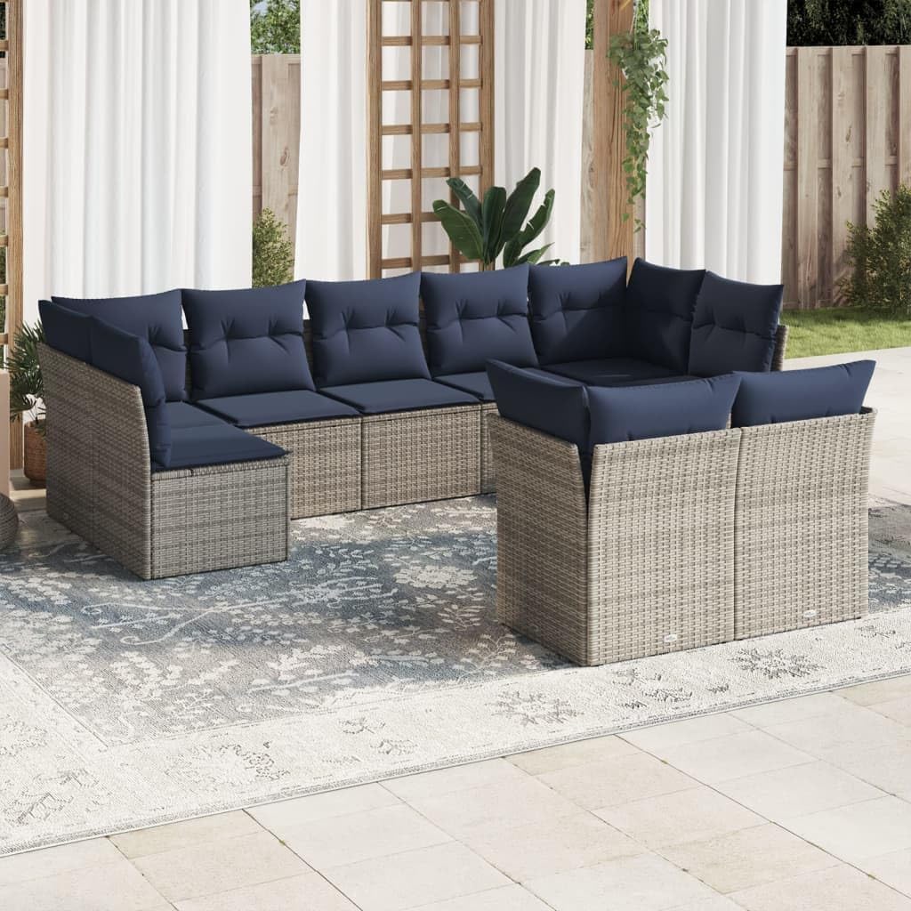 9 Piece Patio Sofa Set with Cushions, Gray Poly Rattan Outdoor Furniture, Modular Design for Backyard Terrace