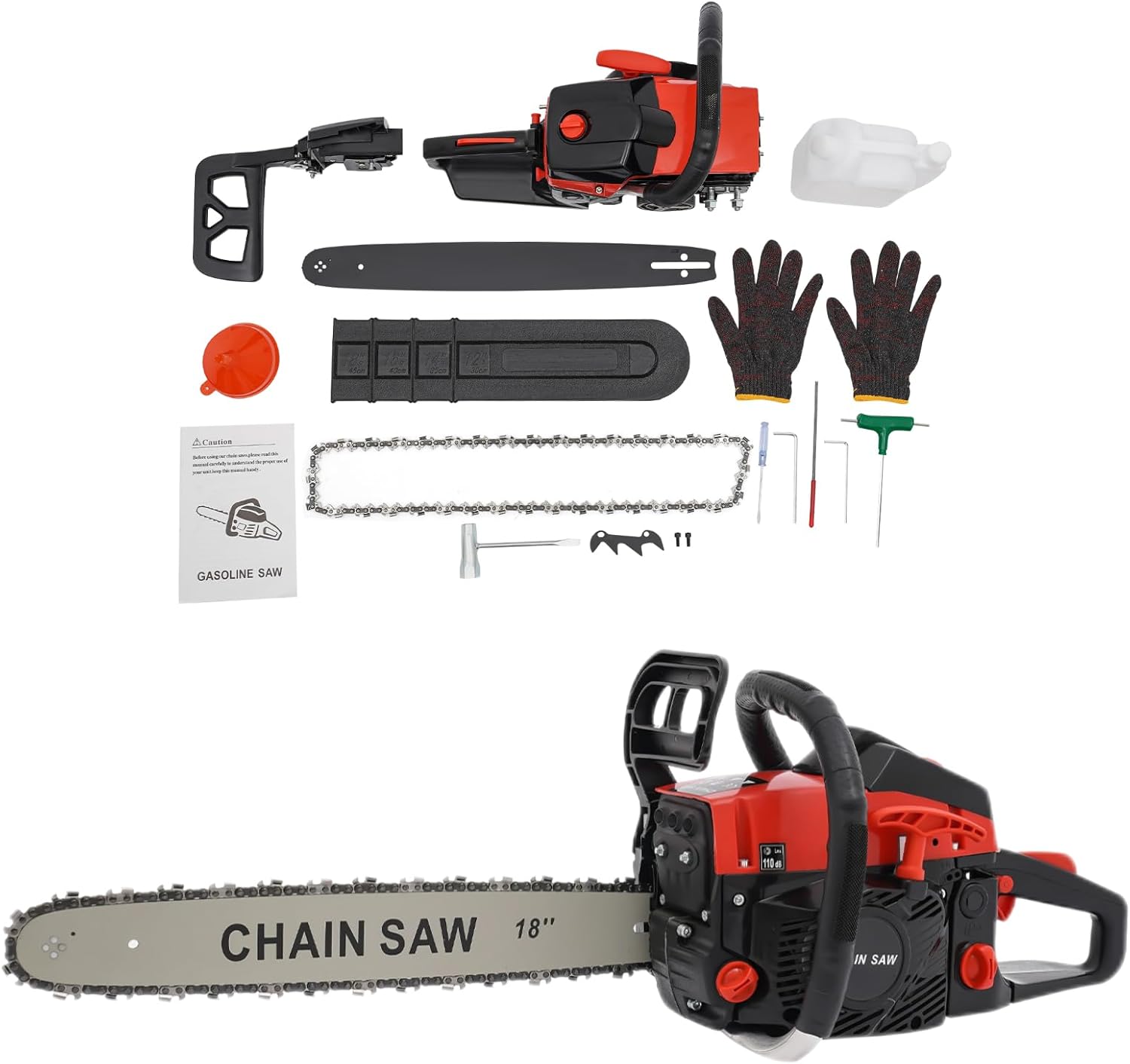 18 Inch Gas Powered Chainsaw, 58CC 2 Stroke Gasoline Chainsaw Handheld Cordless Petrol, 2800-11000Rpm High Speed for Tree Cutting, Gardens and Farms