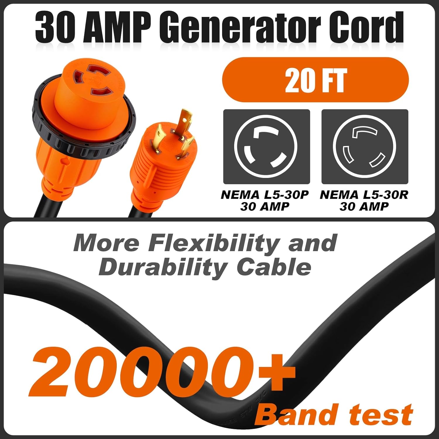 Kanayu 20 ft 30 Amp Generator Rv Extension Cord and Pre-drilled Power Inlet L5-30p/l5-30r Generator Interlock Kit 3 Prong Compatible with Nema 125v/250v 10 Gauge for Home Backup, Etl Listed
