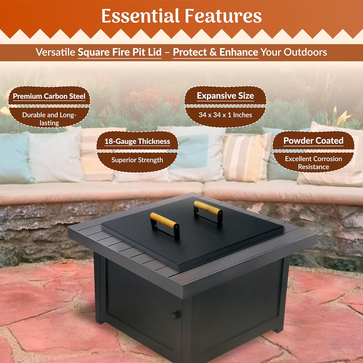 FEBTECH- Fire Pit Insert Square lid - 34 x 34 Inch - Linear Drop-in Burner Pan - Fire Pit Square lid - FirePit Table Lid, Compatible for Firepit & Firepit Table Inside Dia Up to 32