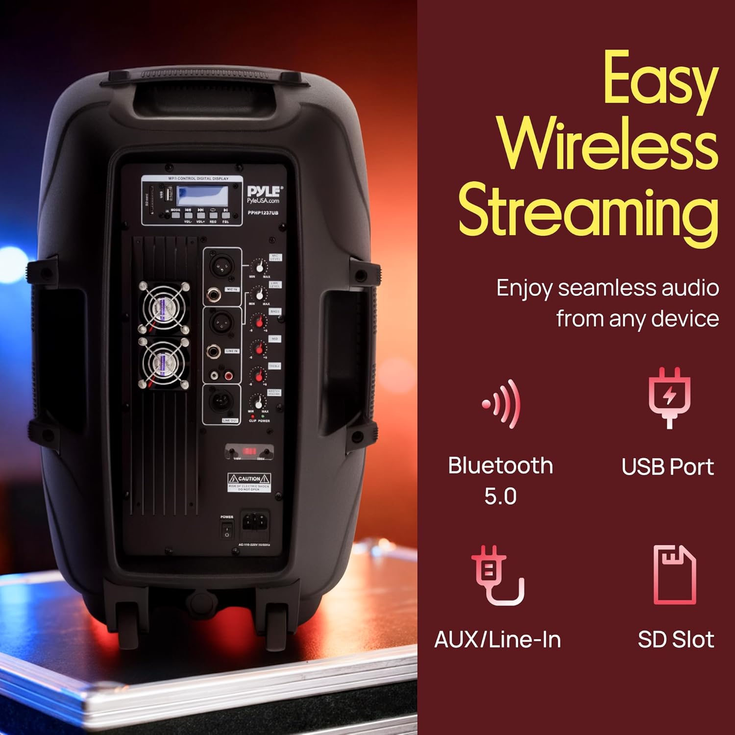 PYLE-PRO Powered Speaker Active PA- Loudspeaker Bluetooth System,12 Inch Bass Subwoofer Stage Speaker Monitor, DJ Party Portable Sound Stereo Amp Sub for Concert Audio, Built-in USB for MP3 Amplifier