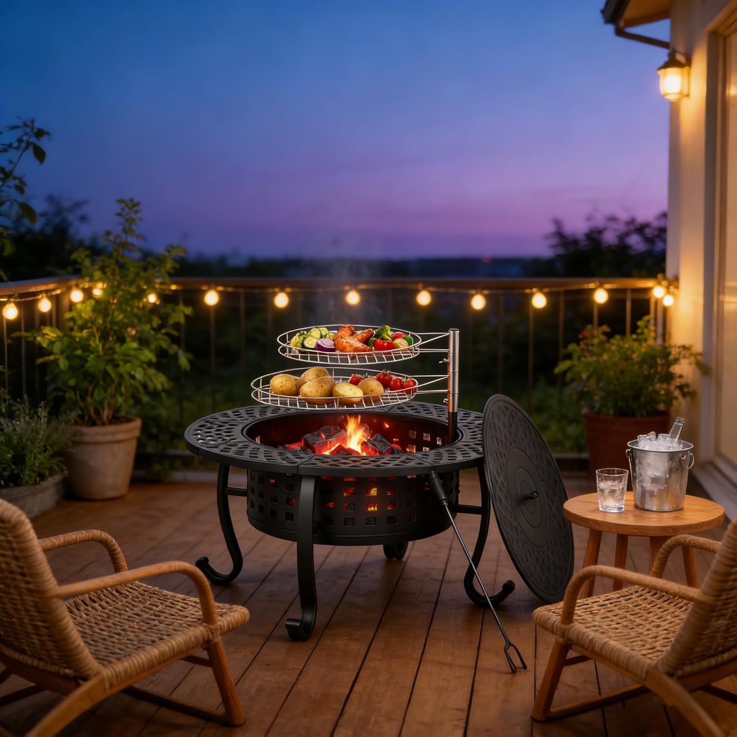 Dkelincs 36 Inch 3-in-1 Fire Pit Table, Wood Burning Outdoor Fire Pit with Rotating Grill & Lid for BBQ, Bonfire, Patio (Black)