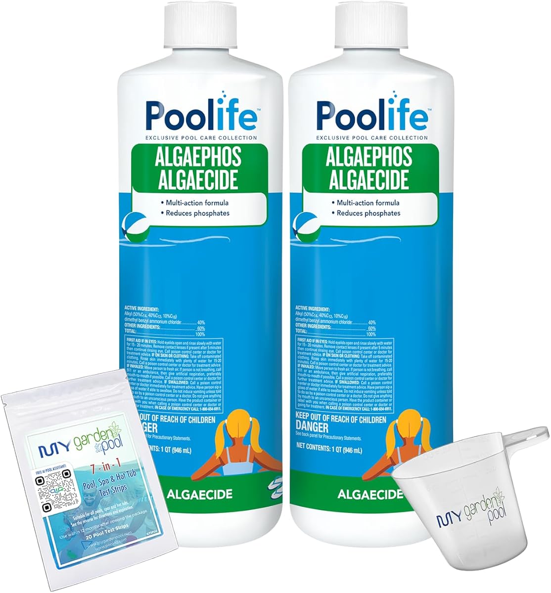 Poolife AlgaePhos – Dual-Action Algaecide & Phosphate Remover for Pools – Prevents Algae & Reduces Phosphates – Includes 7-in-1 Test Strips, Measuring Cup & Pool-IQ AI Assistant 2 Pack