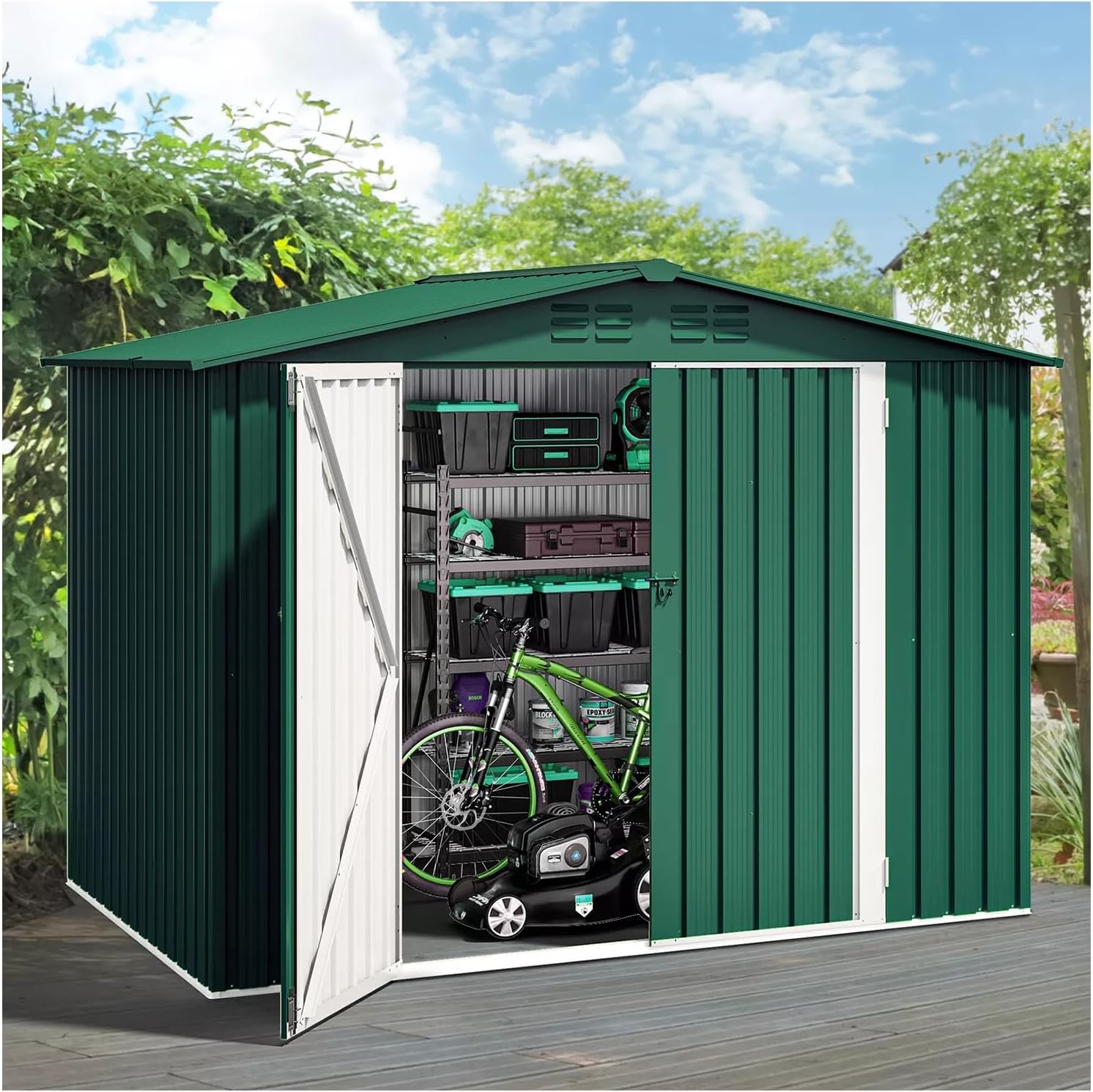 Two Tone Green and Silver 8x6 FT Outdoor Large Storage Shed Metal Tool Sheds Heavy Duty House Patio Tool Garden Waterproof All Weather Hinged Doors Lockable Rust Protection 92.5