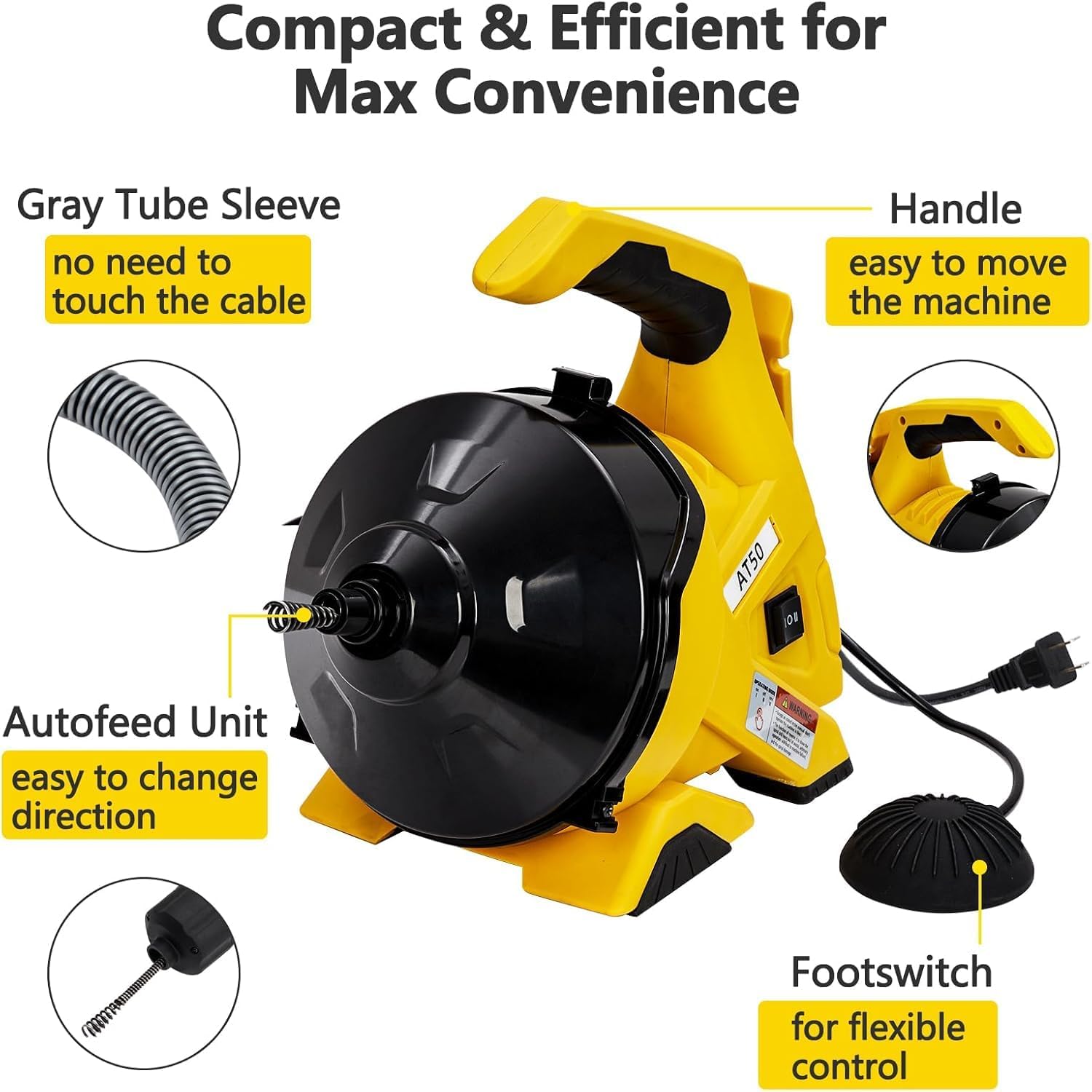Electric Drain Cleaner Machine 30Ft - Auto-feed with foot switch and directional rocker, efficient for 3/4-2in pipes, 30ft anti-twist piano wire cable, lightweight closed drum, dual hoses