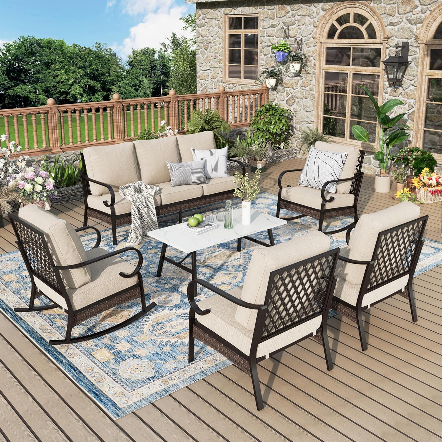 Patio Furniture Set with Coffee Table, Outdoor Conversation Set with 2 x Fixed Chairs, 2 x Rocking Chairs, 1 x 3-Seat Sofa for Lawn Garden Backyard, Beige