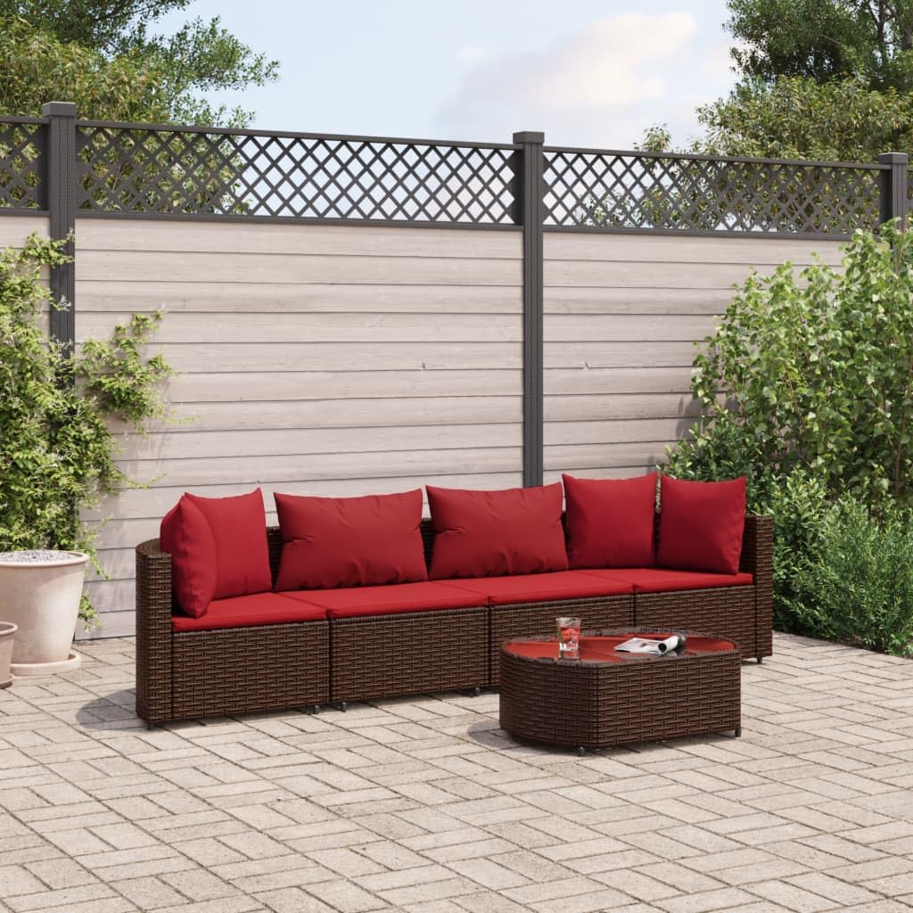 5 Piece Patio Sofa Set with Cushions Brown Poly Rattan,Durable PE Rattan Garden Sofa Set with Modular Design for Patio and Backyard Furniture Sets for Patio, Lawn & Garden