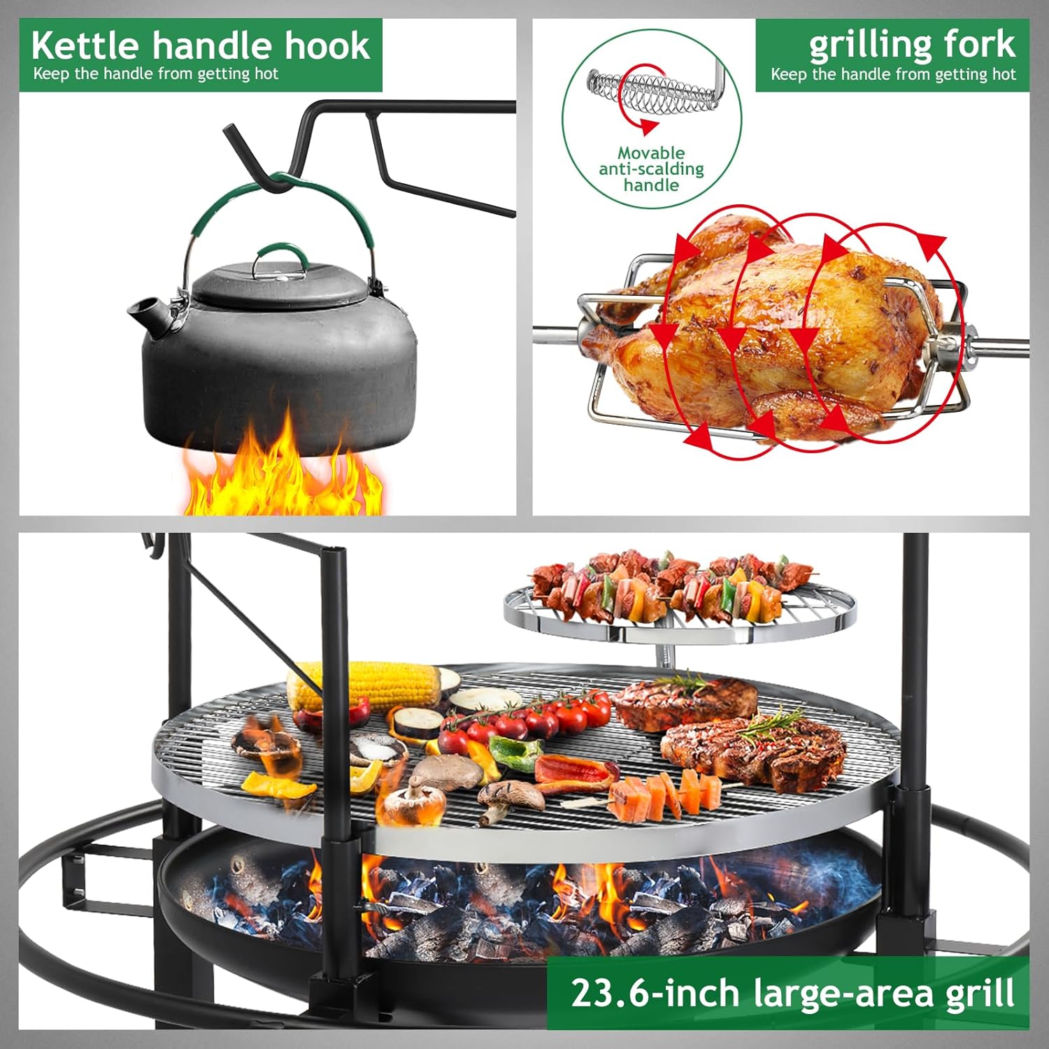 33-Inch Dual Grill Fire Pit, Wood-Burning Outdoor Firepit with Rotating Cooking Grate and Detachable BBQ Grill for Patio, Backyard, and Picnic Use