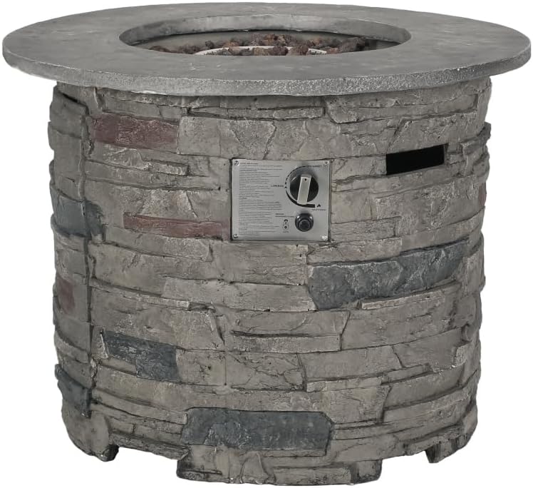 40000BTU Outdoor Propane Fire Pit Table– 31″ Round Weather‑Resistant Concrete Look Fire Table with Lava Rocks, Covered Tank Storage & Push‑Button Ignition for Patio Backyard Gatherings