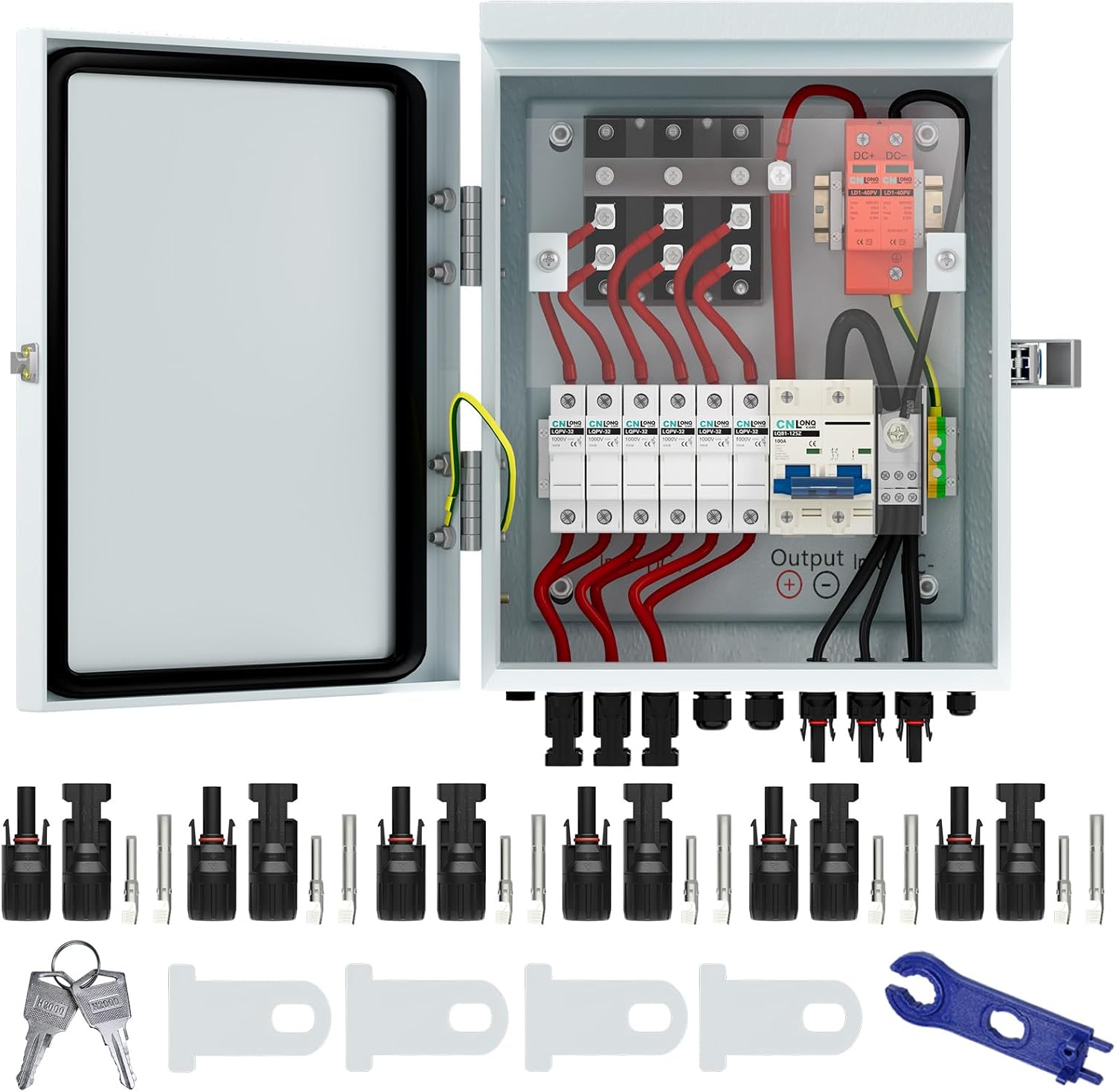 6 Strings Metal Solar PV Combiner Box DC500V 100A Circuit Breaker with Surge Protector, 15A Fuses and Radiator, Outdoor IP66 Waterproof for Solar Panels System