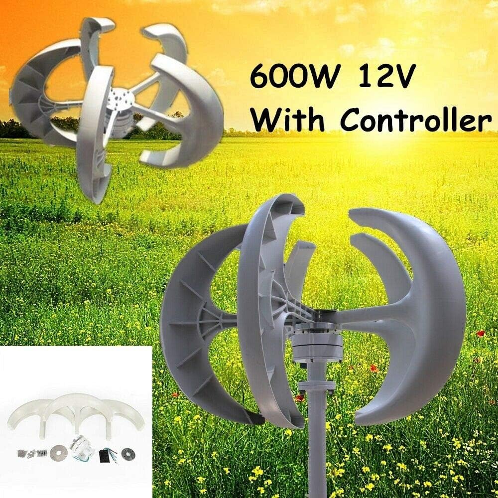 12V 600W Wind Turbine Generator Vertical Axis Garden Boat Wind Motor&Controller 5-Blade Windmill Power Charge Lantern White