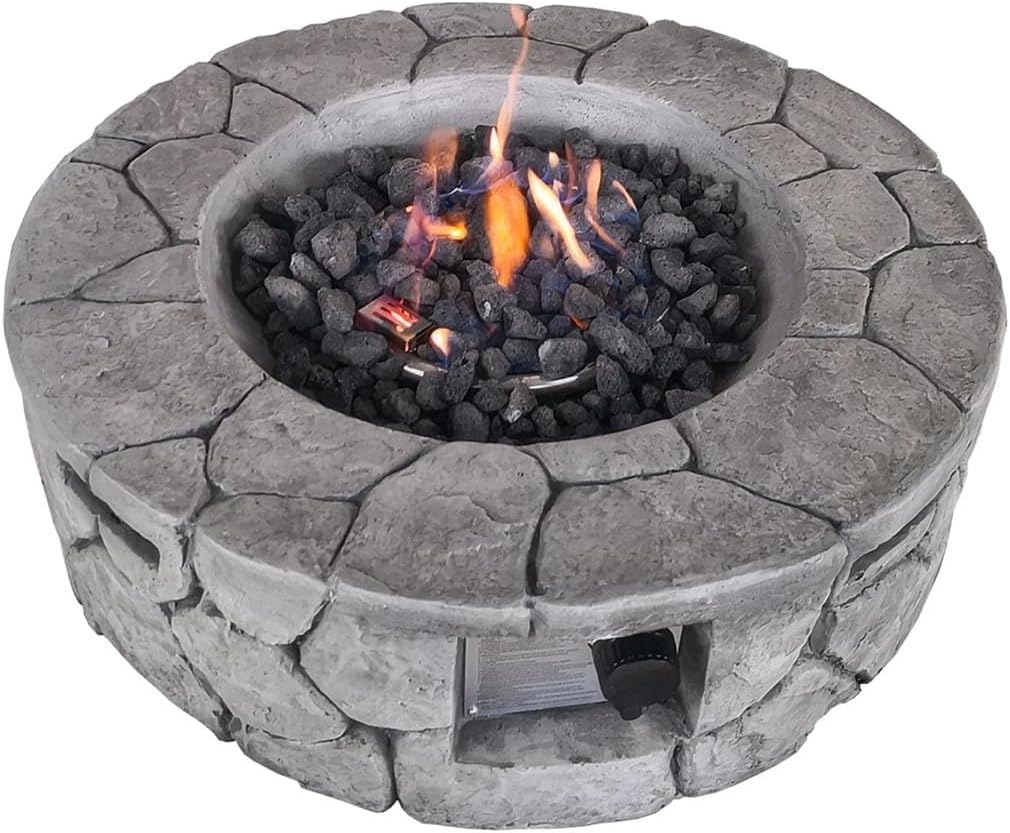 Concrete Fire Pit Table Round Stone-Look Propane Outdoor Heater for Patio Smokeless Firepits for Outside with Lava Rocks Push-Button Ignition Backyard Deck Garden
