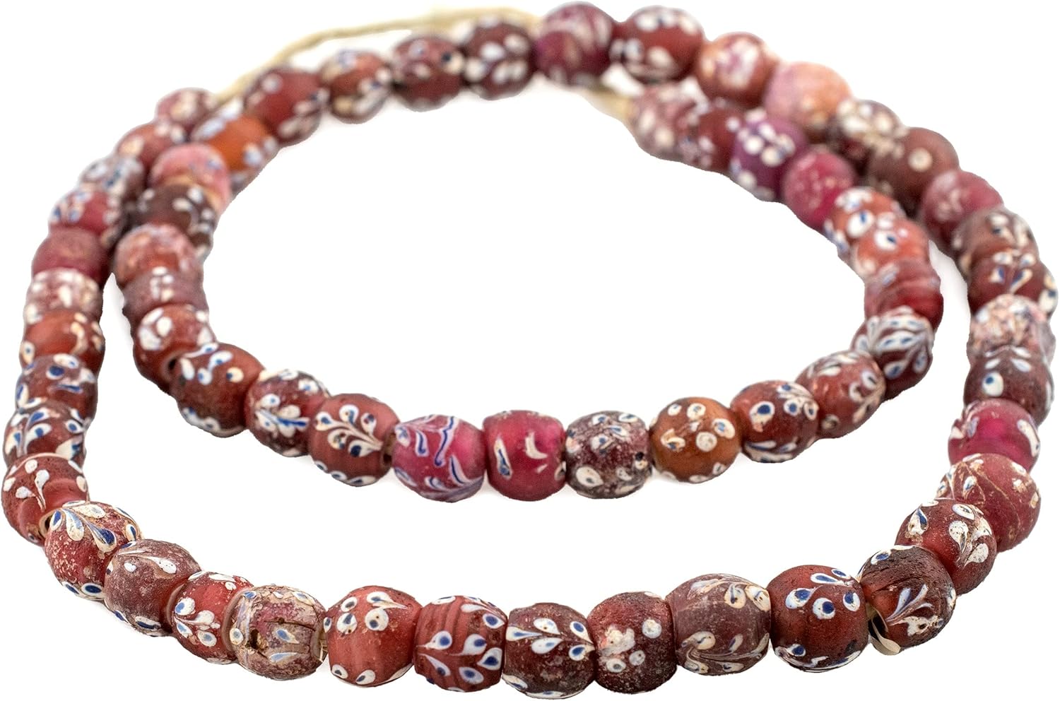 The Bead Chest Antique Venetian Flower White Heart Beads 11mm Ethiopia African Red Round Glass Large Hole 25 Inch Strand Handmade