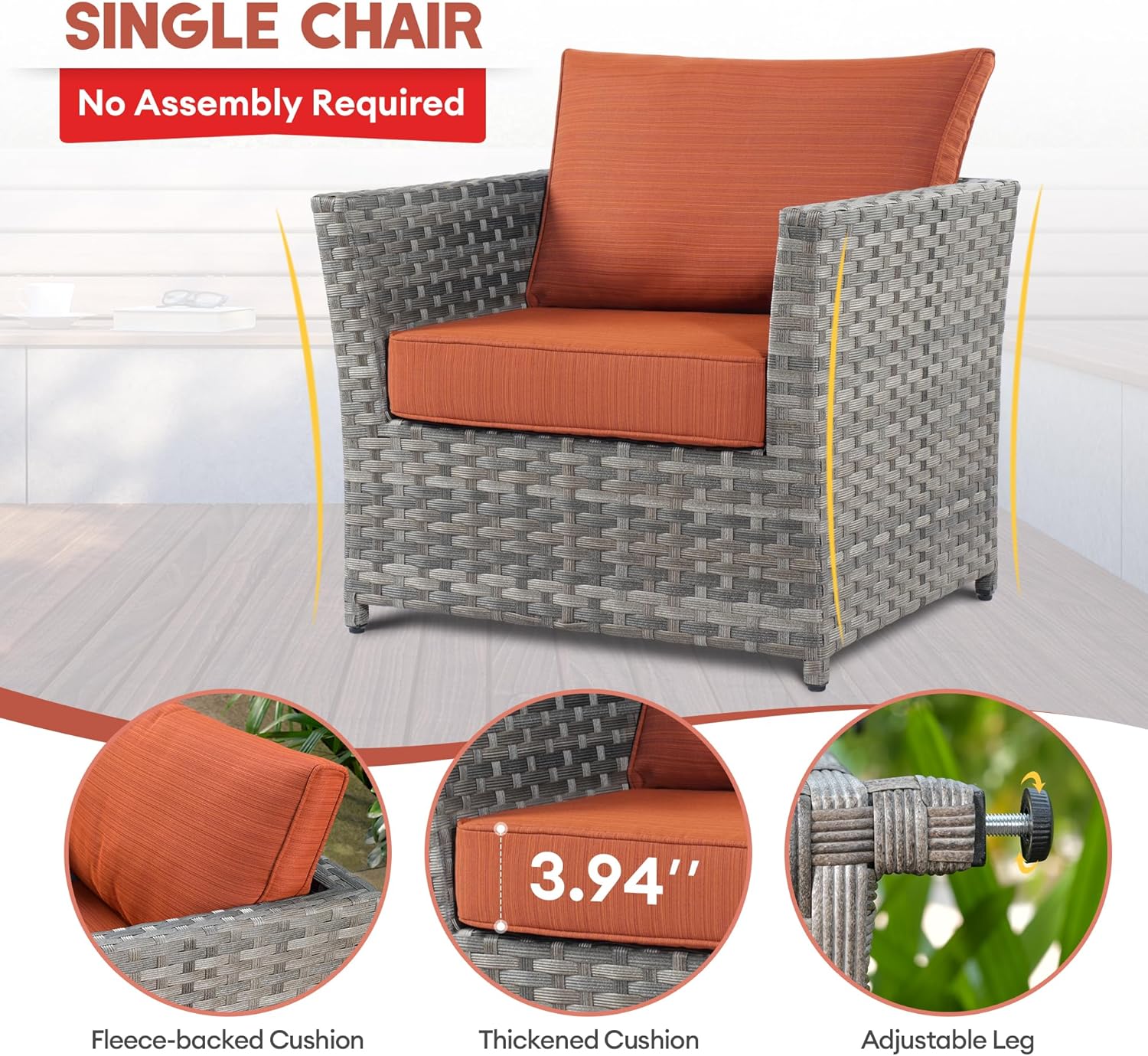 8 Pieces Patio Sectional Conversation Sofa Set, Wicker Outdoor Furniture Set with Swivel Rocker Chair and Square Fire Pit Table (Orange Red)