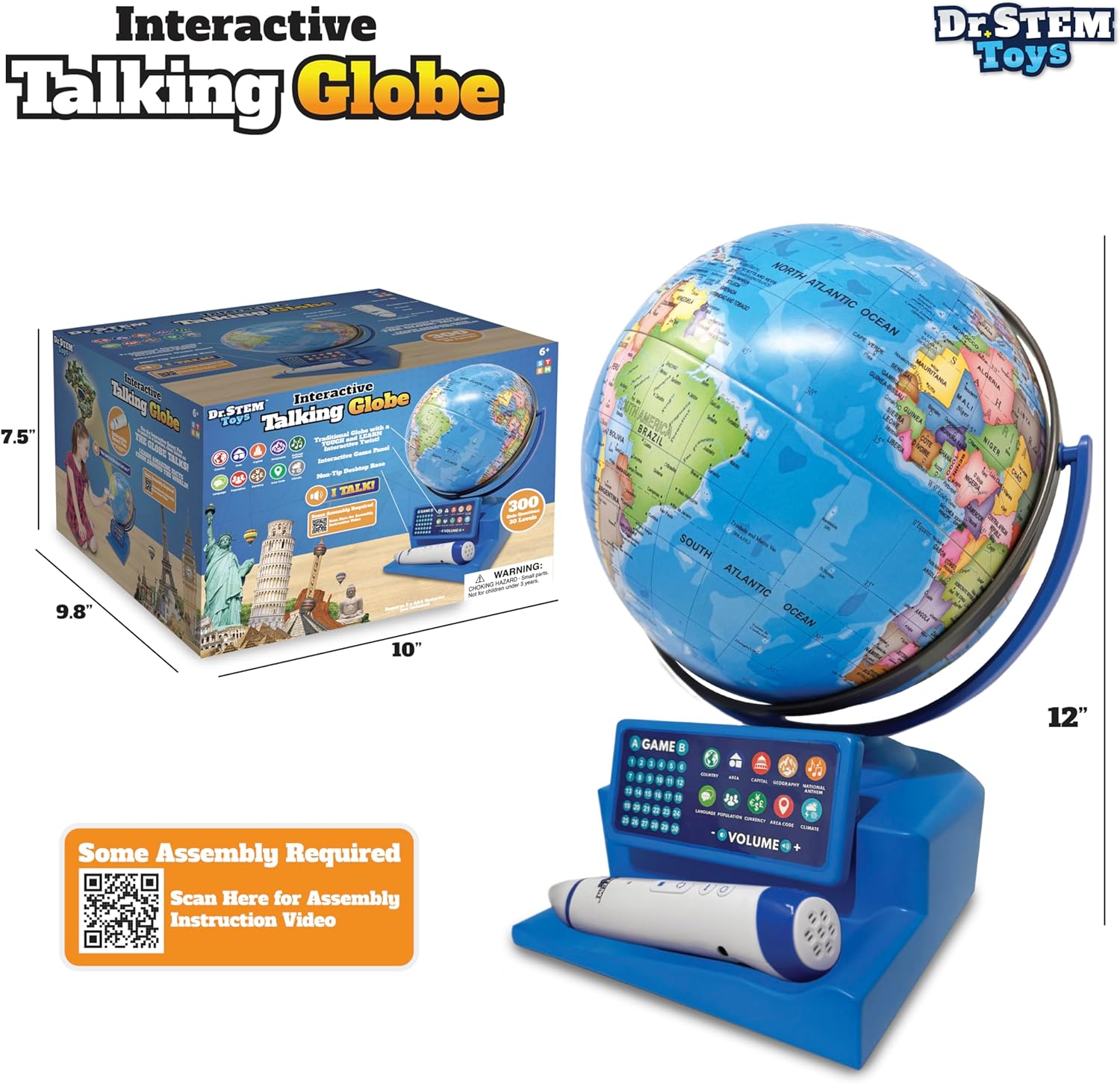 Dr. STEM Toys Interactive Talking Globe with Smart Pen, Game Panel, 300+ Geographic Quiz Questions, Touch & Learn, Music, and More - Educational Toy for Kids Ages 6+