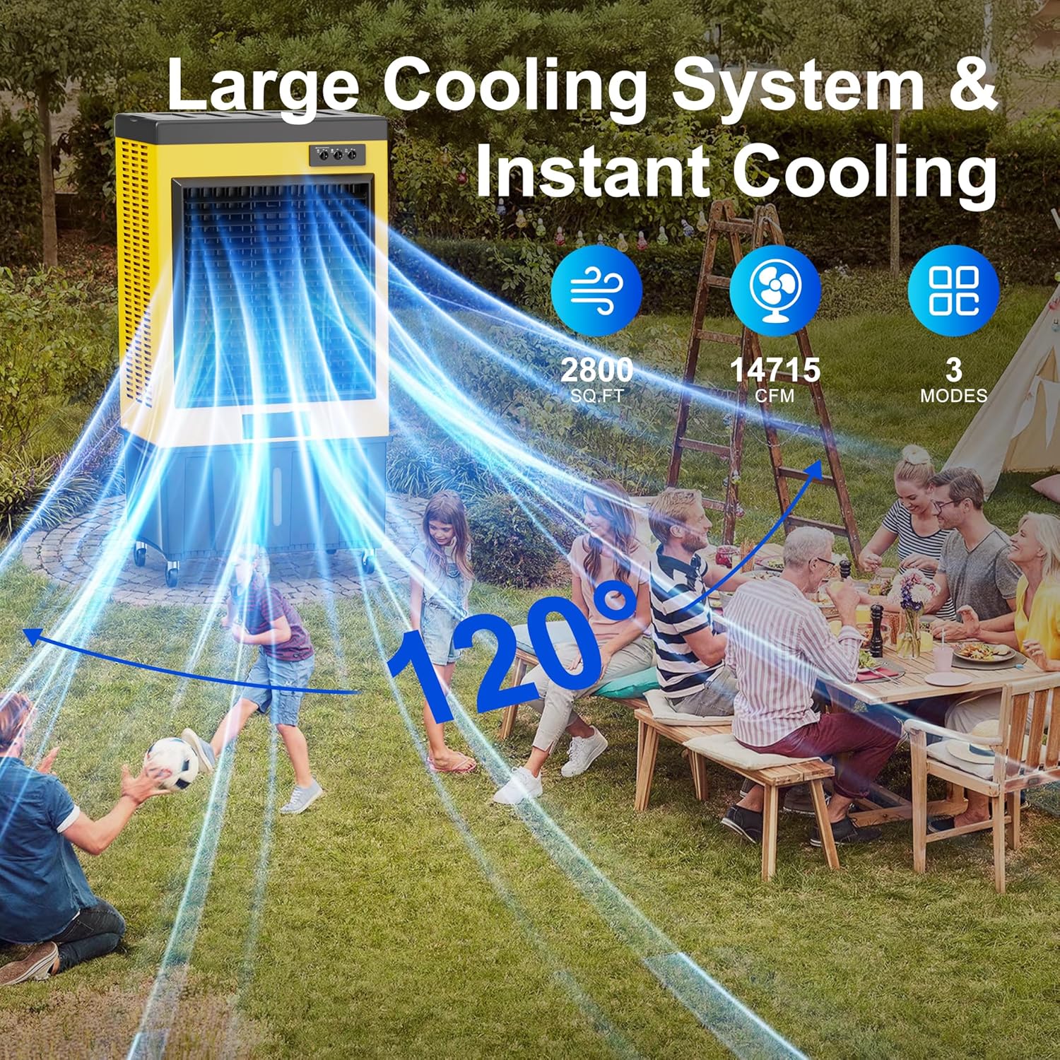 AKIRES 14715CFM Swamp Coolers,Evaporative Air Cooler for 2800Sq.ft of Space,with Continuous Auto Fill,53-Gal Water Tank,120°Oscillation,5 Ice Packs,Cooling Fan for Outdoor,Indoor Yellow(71IN)