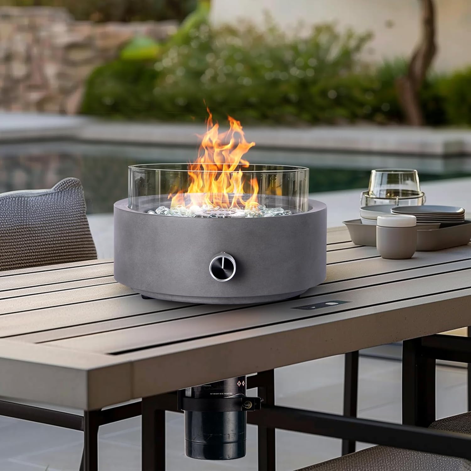 Propane Table Top Fire Pit for Outside Patio,14-inch Tabletop Fireplace Bottom-Mounted for Table with Umbrella Hole- Grey