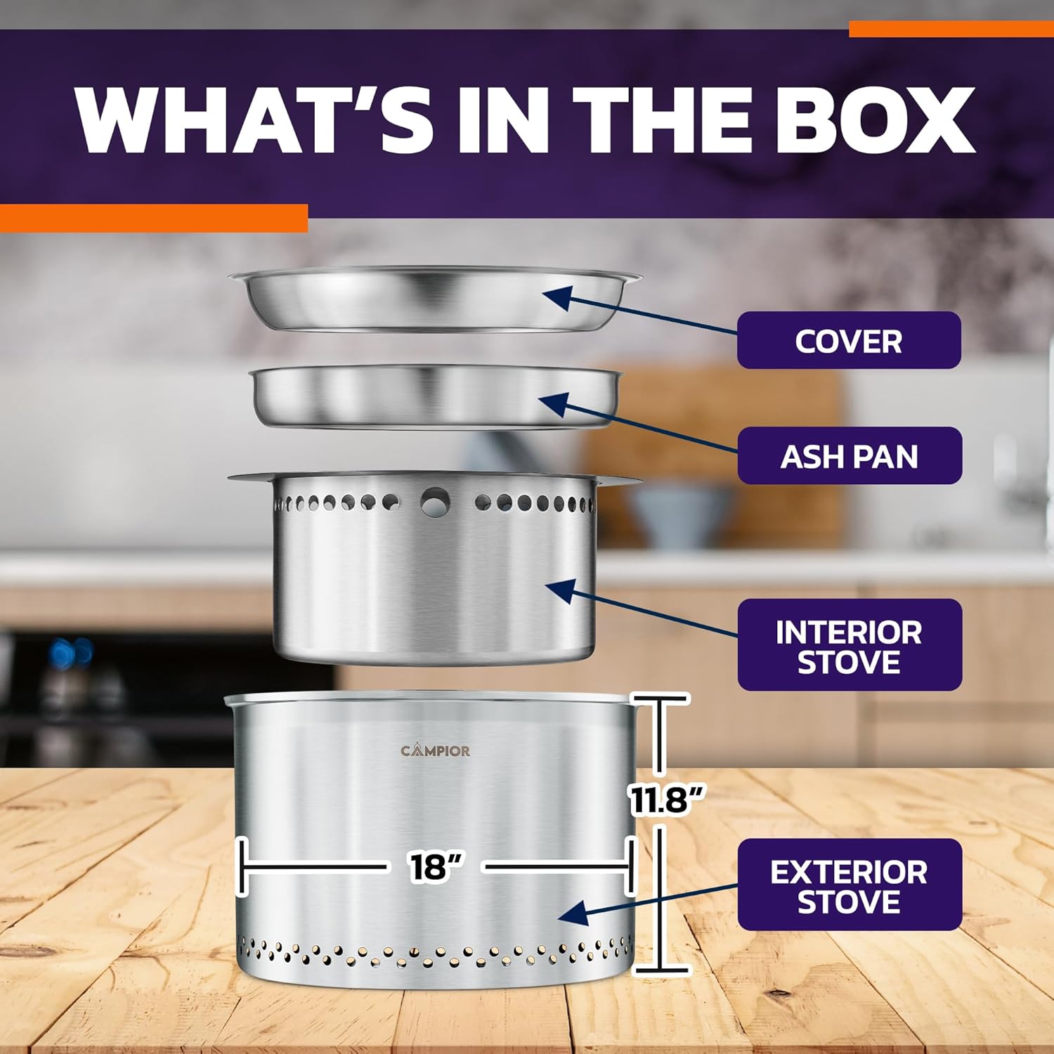 Large Wood Burning Fire Pit Stove - Smokeless Outdoor Stove for Efficient Wood Fires, Camping, Cooking, and Garden Gatherings, Durable Stainless Steel with Removable Ash Pan, 20.94 lbs