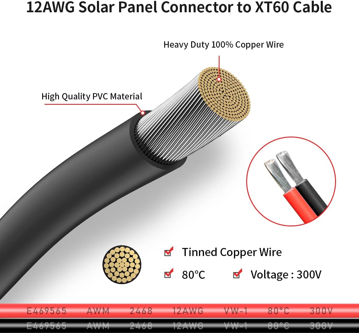 12AWG 75FT XT60 Solar Cable 2 10 25 35 50 75 100FT XT60 Extension Cable Solar Panel Connector to XT60 Connector for Portable Power Station (75FT)